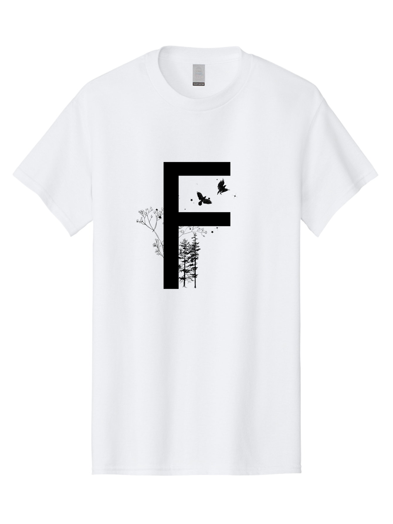 F Men'S Graphic Tee, 100% Cotton, Comfortable Casual Summer Wear, Machine Washable, Stylized Letter F, Black Typography, Nature Elements, Flowers, Trees, Birds In Flight, Natural Scenery, Forest Landscape, Artistic Design, Creative Typography Aac306 19