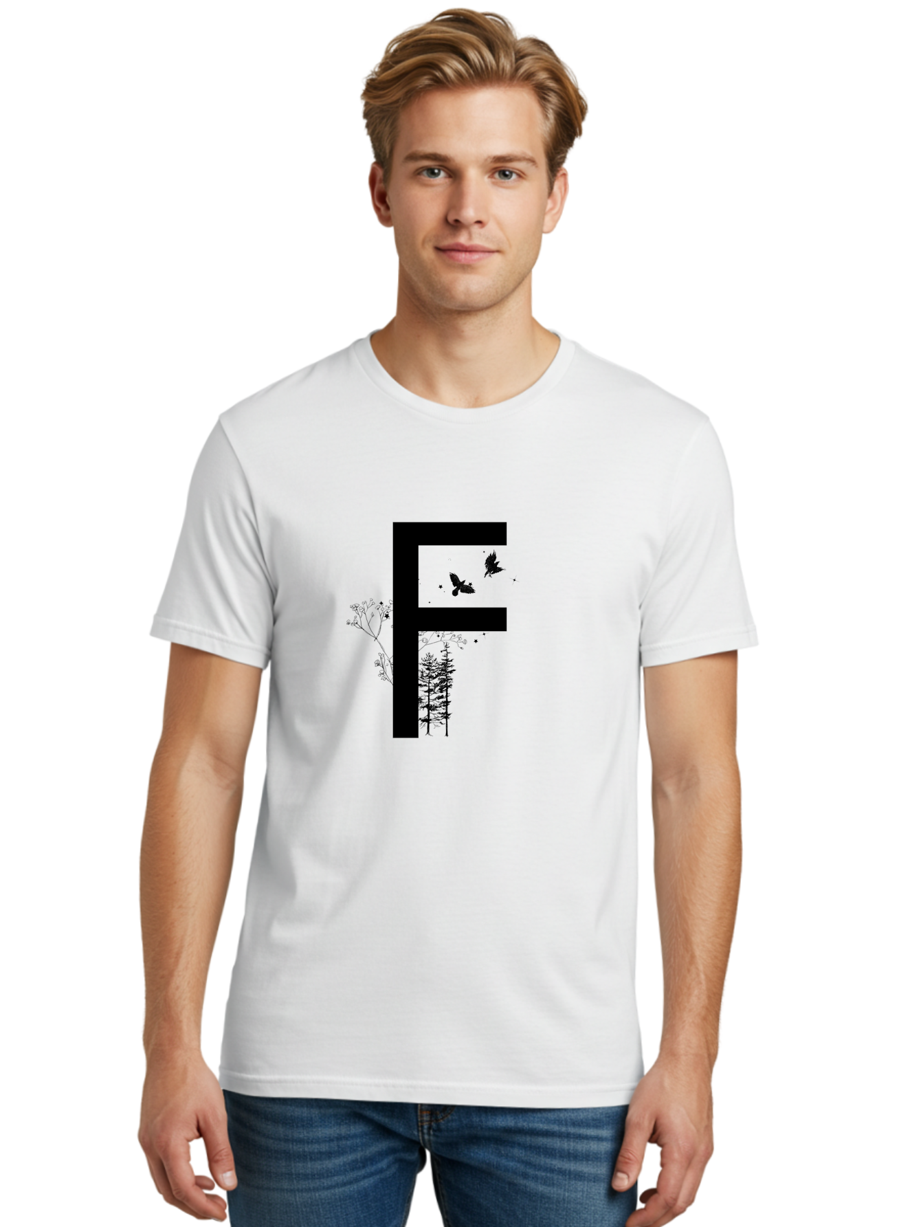 F Men'S Graphic Tee, 100% Cotton, Comfortable Casual Summer Wear, Machine Washable, Stylized Letter F, Black Typography, Nature Elements, Flowers, Trees, Birds In Flight, Natural Scenery, Forest Landscape, Artistic Design, Creative Typography Aac306 20