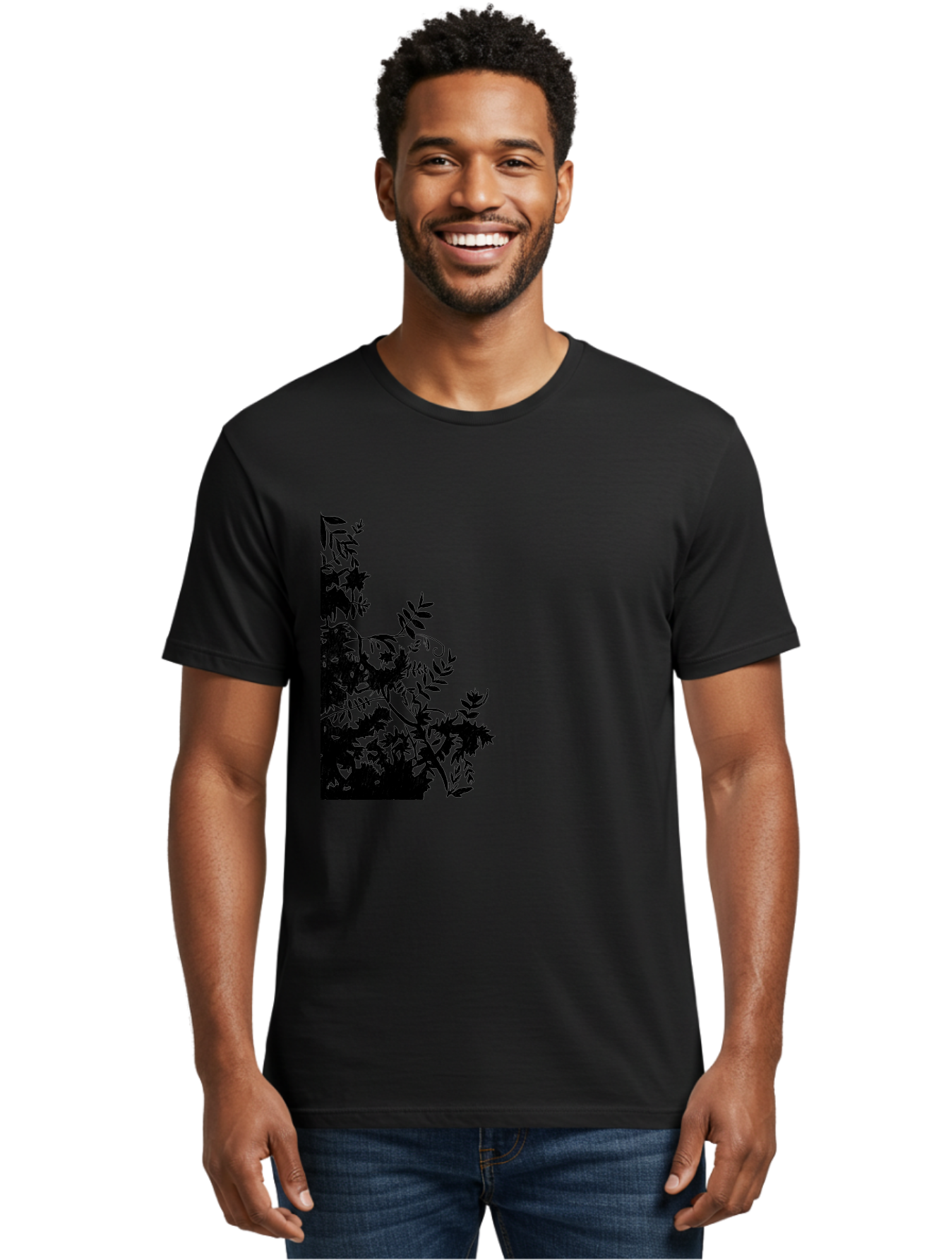 Floral-Silhouette Men'S Graphic Tee, 100% Cotton, Comfortable Casual Summer Wear, Machine Washable, Floral Silhouette, Black Leaves, Twisted Stems, Floral Arrangement, Botanical Design, Delicate Patterns, Intricate Details, Elegant Graphics Aac308 22