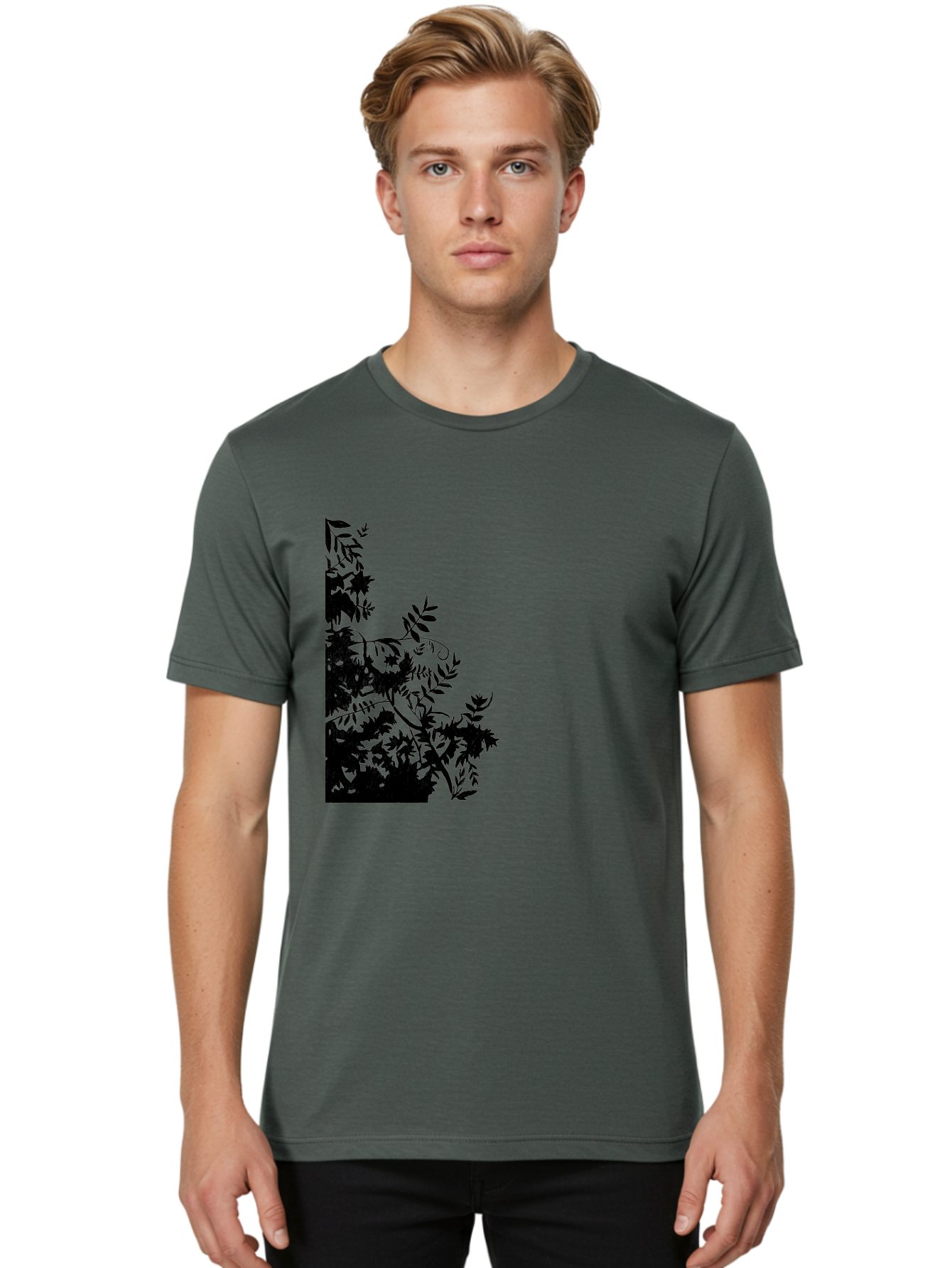 Floral-Silhouette Men'S Graphic Tee, 100% Cotton, Comfortable Casual Summer Wear, Machine Washable, Floral Silhouette, Black Leaves, Twisted Stems, Floral Arrangement, Botanical Design, Delicate Patterns, Intricate Details, Elegant Graphics Aac308 16