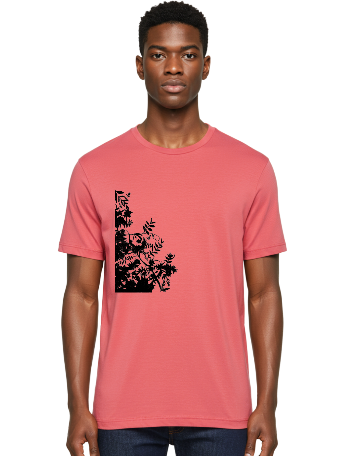 Floral-Silhouette Men'S Graphic Tee, 100% Cotton, Comfortable Casual Summer Wear, Machine Washable, Floral Silhouette, Black Leaves, Twisted Stems, Floral Arrangement, Botanical Design, Delicate Patterns, Intricate Details, Elegant Graphics Aac308 10