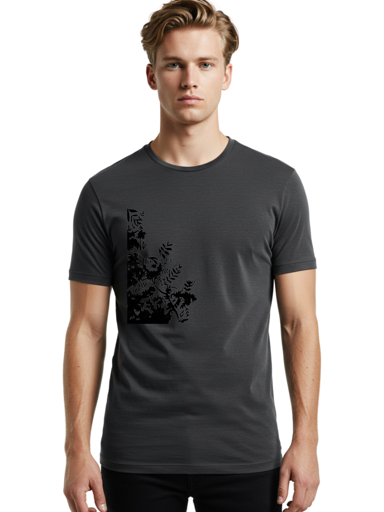 Floral-Silhouette Men'S Graphic Tee, 100% Cotton, Comfortable Casual Summer Wear, Machine Washable, Floral Silhouette, Black Leaves, Twisted Stems, Floral Arrangement, Botanical Design, Delicate Patterns, Intricate Details, Elegant Graphics Aac308 20