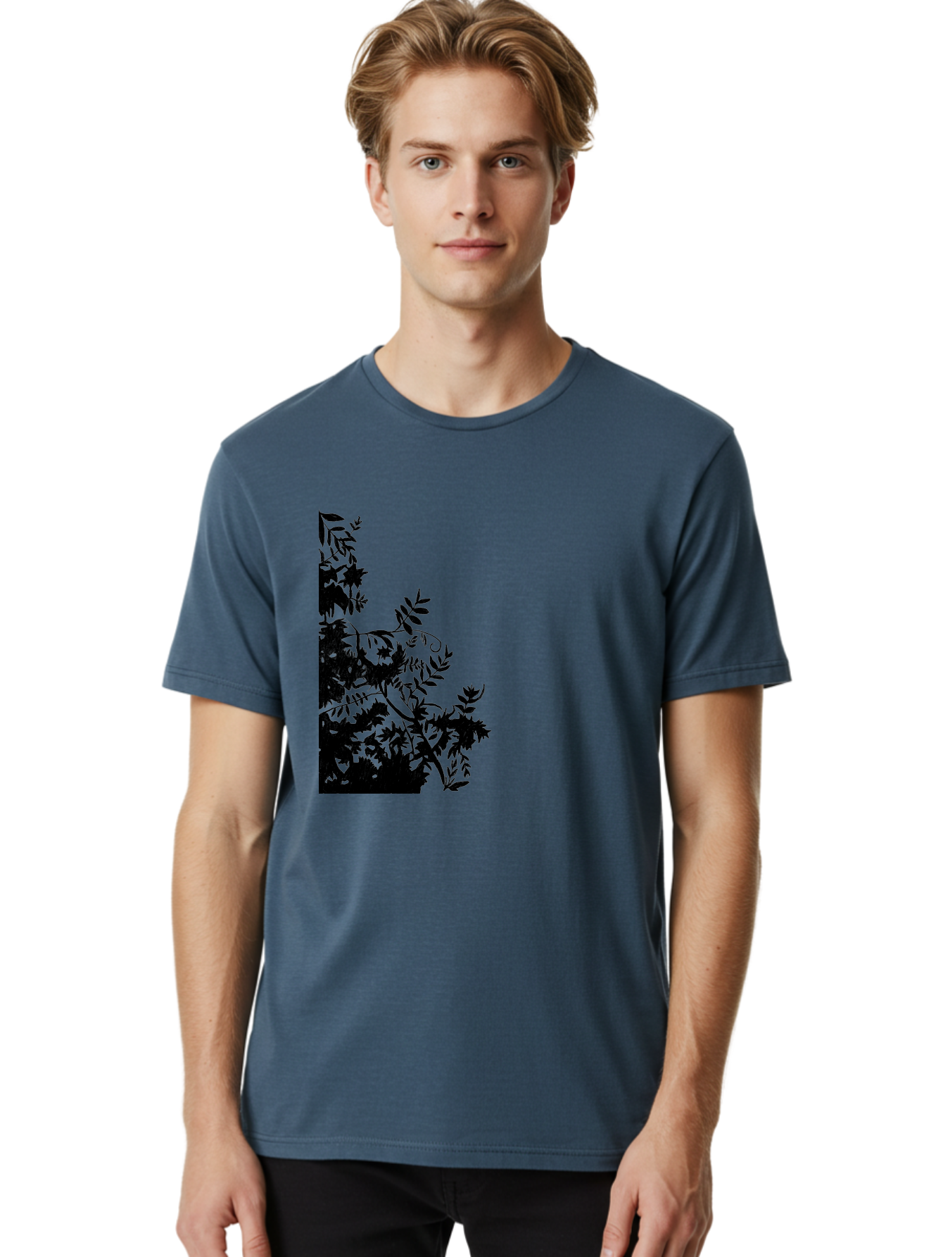 Floral-Silhouette Men'S Graphic Tee, 100% Cotton, Comfortable Casual Summer Wear, Machine Washable, Floral Silhouette, Black Leaves, Twisted Stems, Floral Arrangement, Botanical Design, Delicate Patterns, Intricate Details, Elegant Graphics Aac308 12