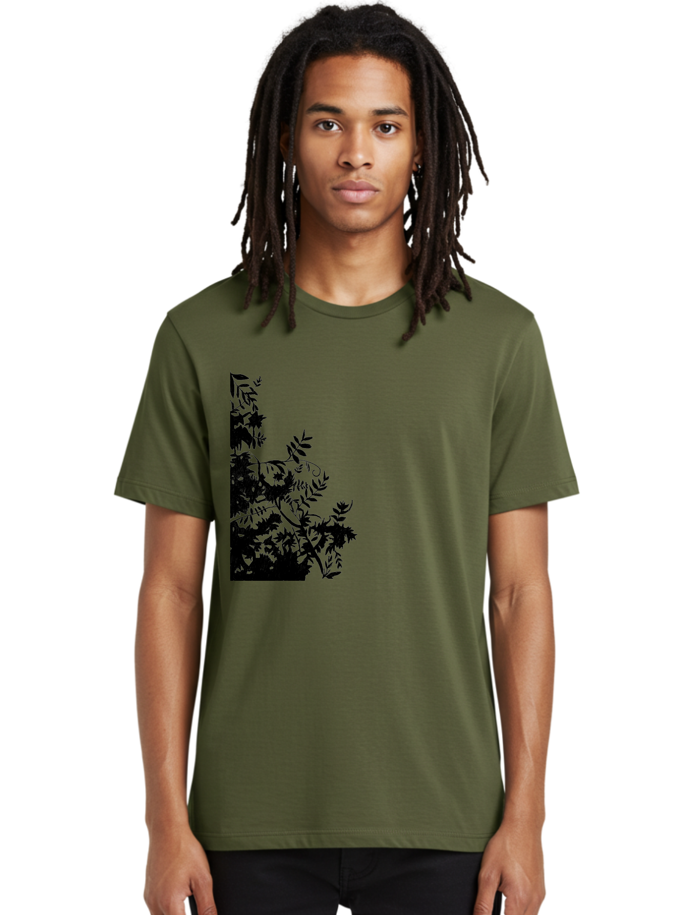 Floral-Silhouette Men'S Graphic Tee, 100% Cotton, Comfortable Casual Summer Wear, Machine Washable, Floral Silhouette, Black Leaves, Twisted Stems, Floral Arrangement, Botanical Design, Delicate Patterns, Intricate Details, Elegant Graphics Aac308 6