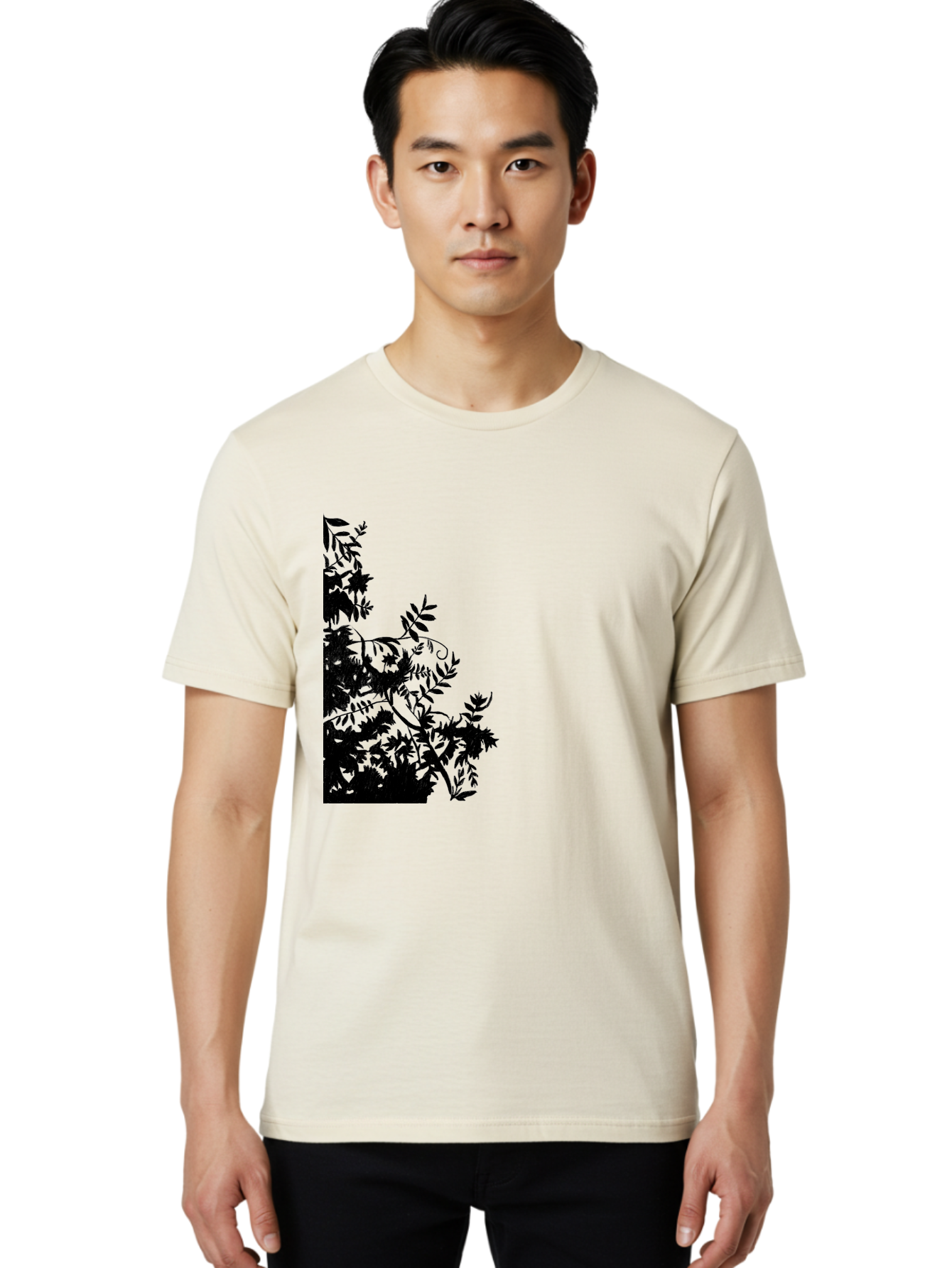 Floral-Silhouette Men'S Graphic Tee, 100% Cotton, Comfortable Casual Summer Wear, Machine Washable, Floral Silhouette, Black Leaves, Twisted Stems, Floral Arrangement, Botanical Design, Delicate Patterns, Intricate Details, Elegant Graphics Aac308 4
