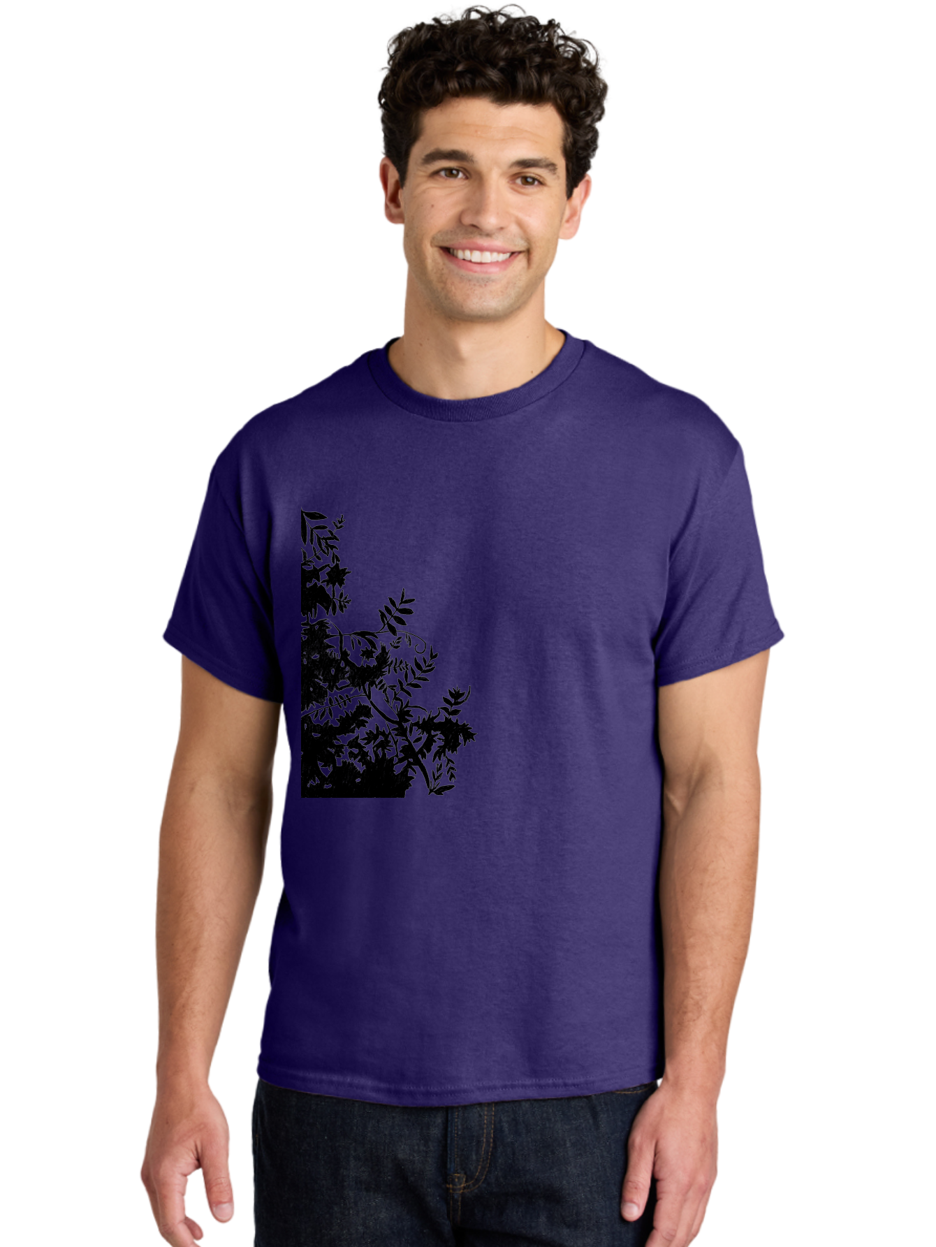 Floral-Silhouette Men'S Graphic Tee, 100% Cotton, Comfortable Casual Summer Wear, Machine Washable, Floral Silhouette, Black Leaves, Twisted Stems, Floral Arrangement, Botanical Design, Delicate Patterns, Intricate Details, Elegant Graphics Aac308 24