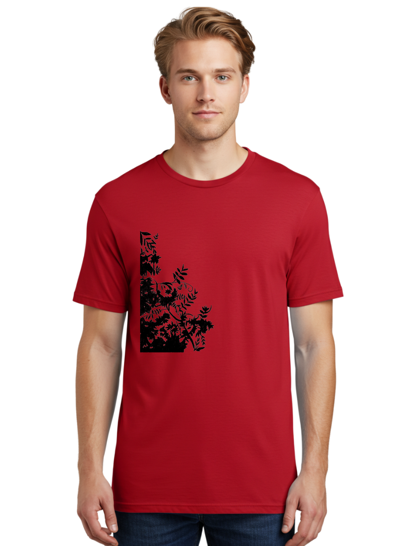 Floral-Silhouette Men'S Graphic Tee, 100% Cotton, Comfortable Casual Summer Wear, Machine Washable, Floral Silhouette, Black Leaves, Twisted Stems, Floral Arrangement, Botanical Design, Delicate Patterns, Intricate Details, Elegant Graphics Aac308 14