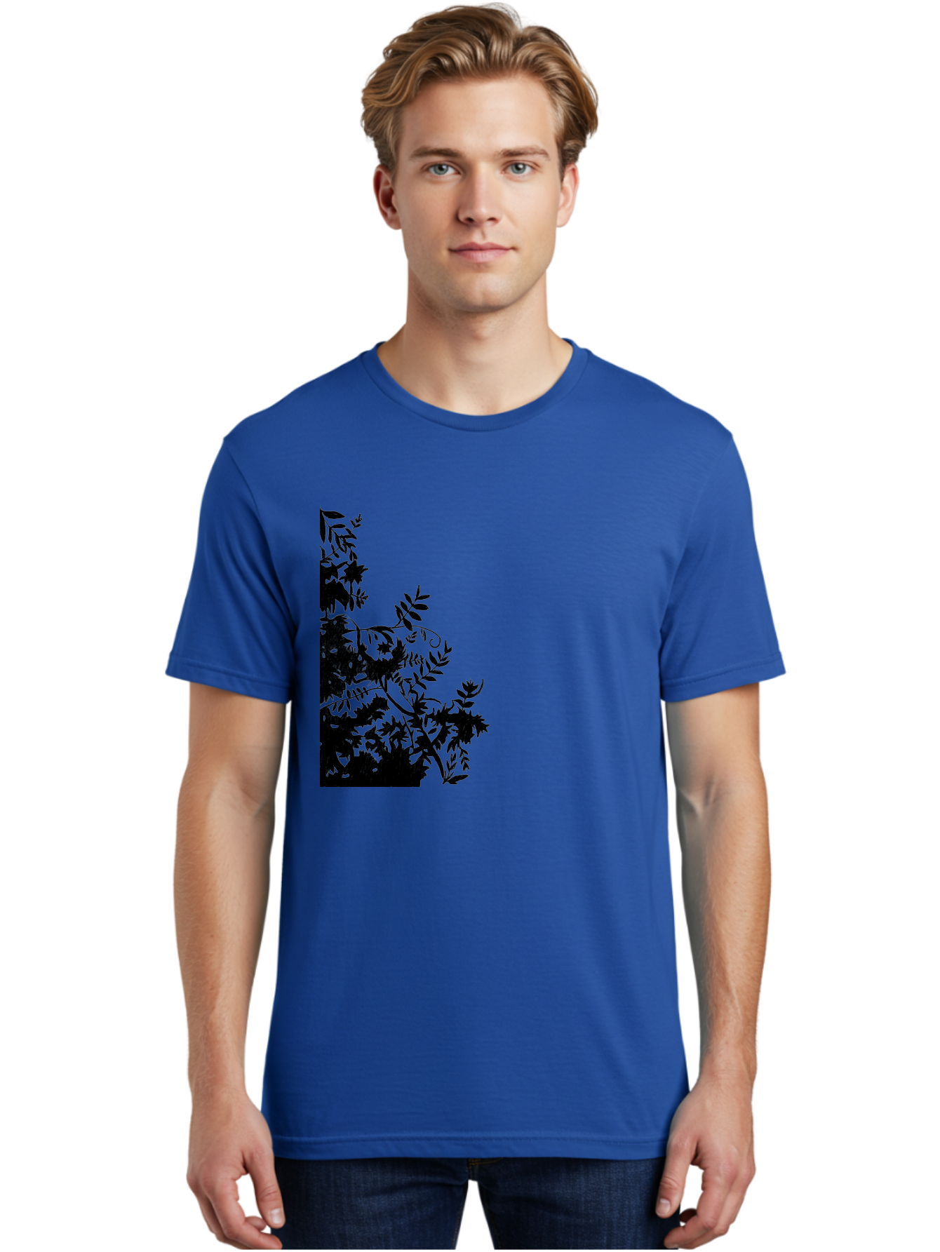 Floral-Silhouette Men'S Graphic Tee, 100% Cotton, Comfortable Casual Summer Wear, Machine Washable, Floral Silhouette, Black Leaves, Twisted Stems, Floral Arrangement, Botanical Design, Delicate Patterns, Intricate Details, Elegant Graphics Aac308 2