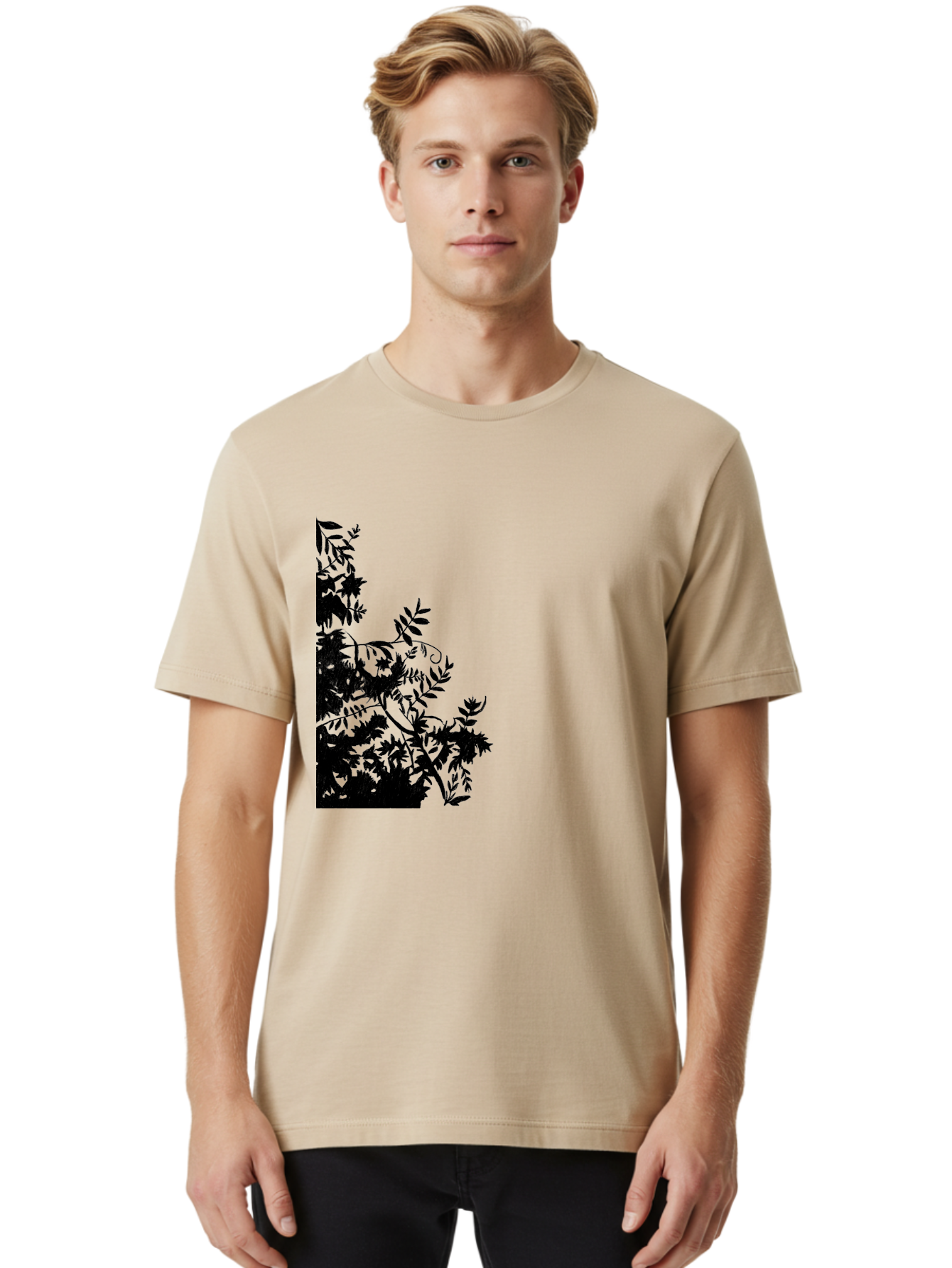 Floral-Silhouette Men'S Graphic Tee, 100% Cotton, Comfortable Casual Summer Wear, Machine Washable, Floral Silhouette, Black Leaves, Twisted Stems, Floral Arrangement, Botanical Design, Delicate Patterns, Intricate Details, Elegant Graphics Aac308 28
