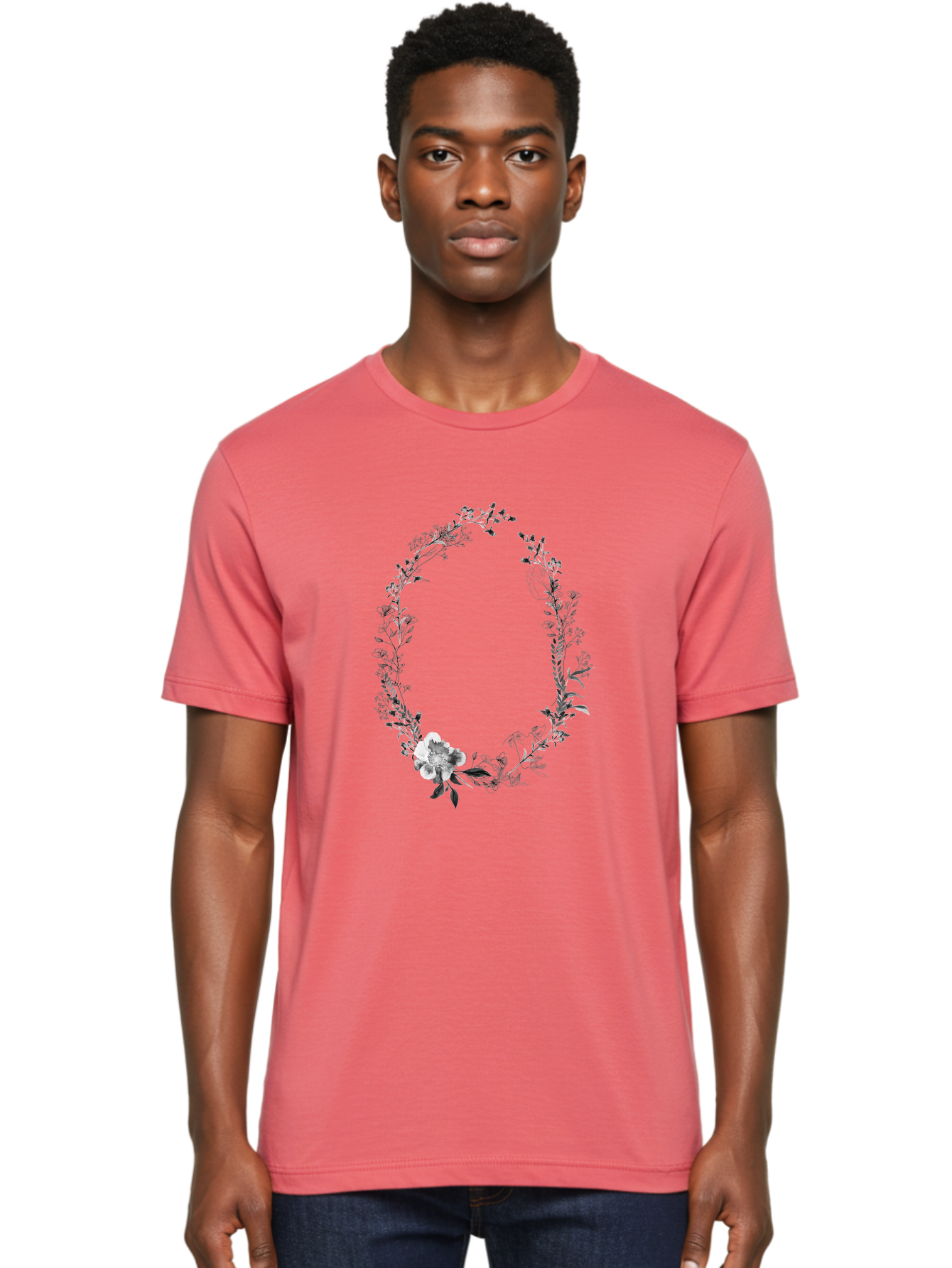 Floral-Wreath-1 Men'S Graphic Tee, 100% Cotton, Comfortable Casual Summer Wear, Machine Washable, Floral Wreath, Circular Frame, Wildflowers, Botanical Illustration, Delicate Flowers, Elegant Design, Black And White Flowers, Vintage Style Aac309 6