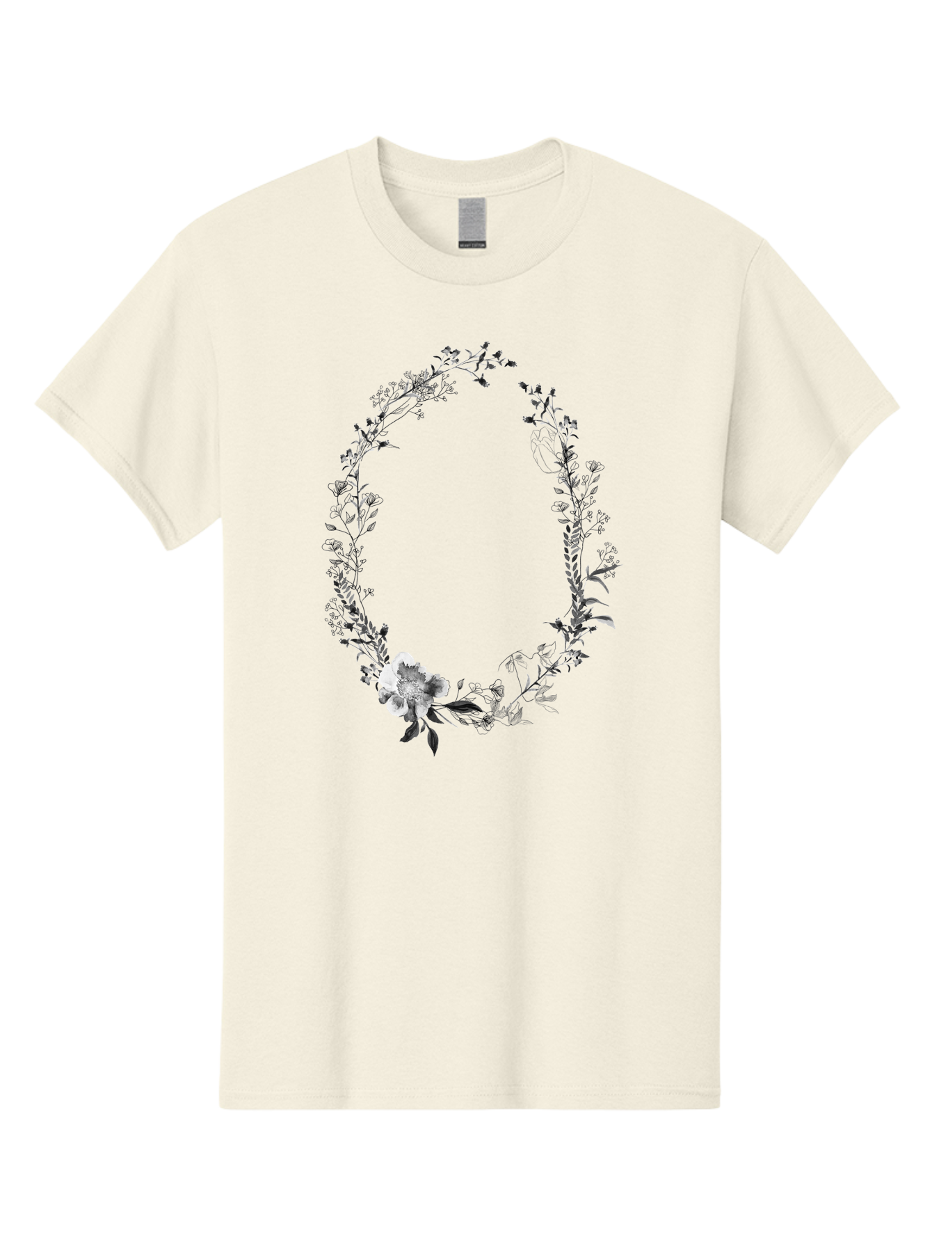 Floral-Wreath-1 Men'S Graphic Tee, 100% Cotton, Comfortable Casual Summer Wear, Machine Washable, Floral Wreath, Circular Frame, Wildflowers, Botanical Illustration, Delicate Flowers, Elegant Design, Black And White Flowers, Vintage Style Aac309 1