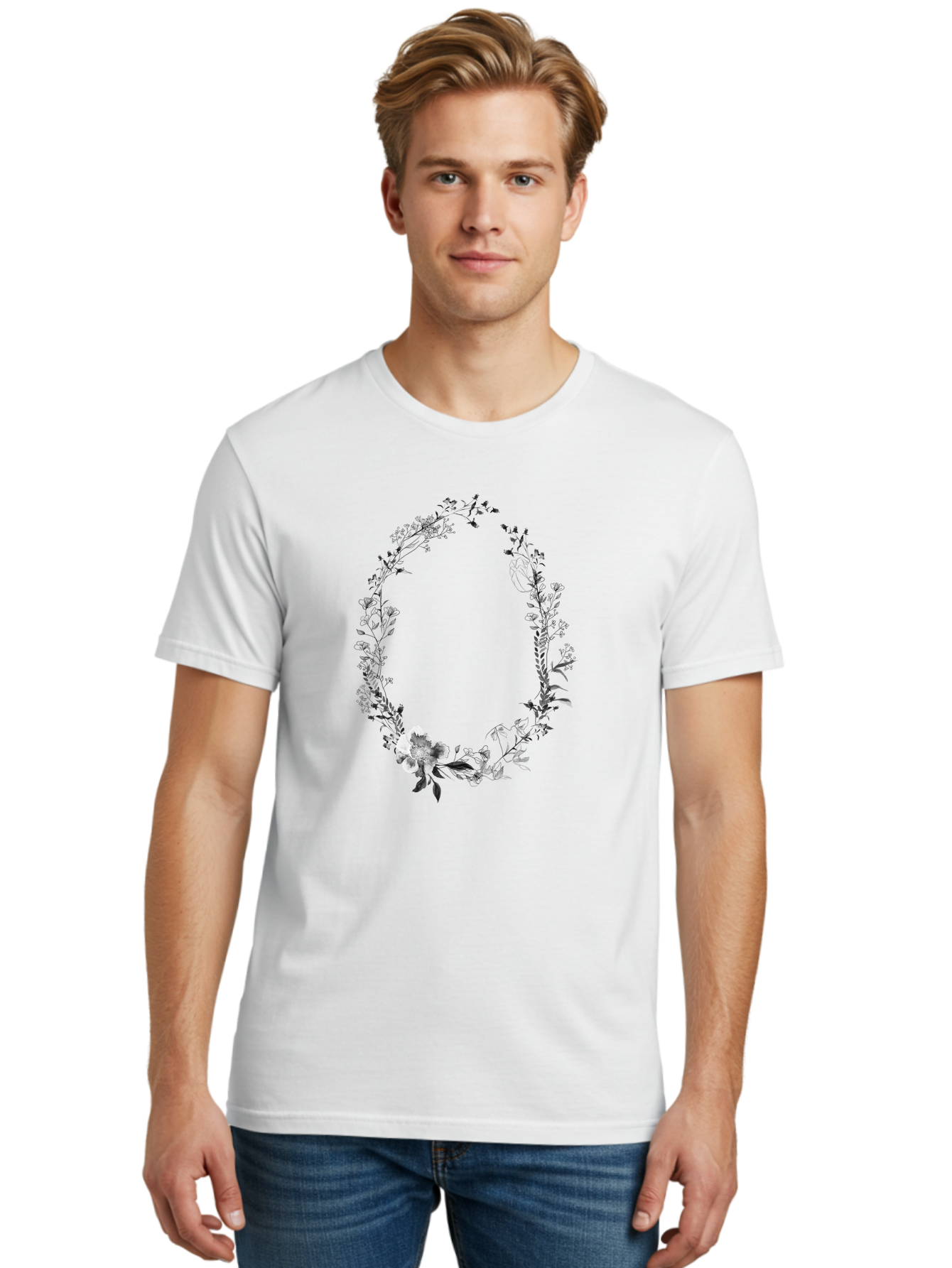Floral-Wreath-1 Men'S Graphic Tee, 100% Cotton, Comfortable Casual Summer Wear, Machine Washable, Floral Wreath, Circular Frame, Wildflowers, Botanical Illustration, Delicate Flowers, Elegant Design, Black And White Flowers, Vintage Style Aac309 12