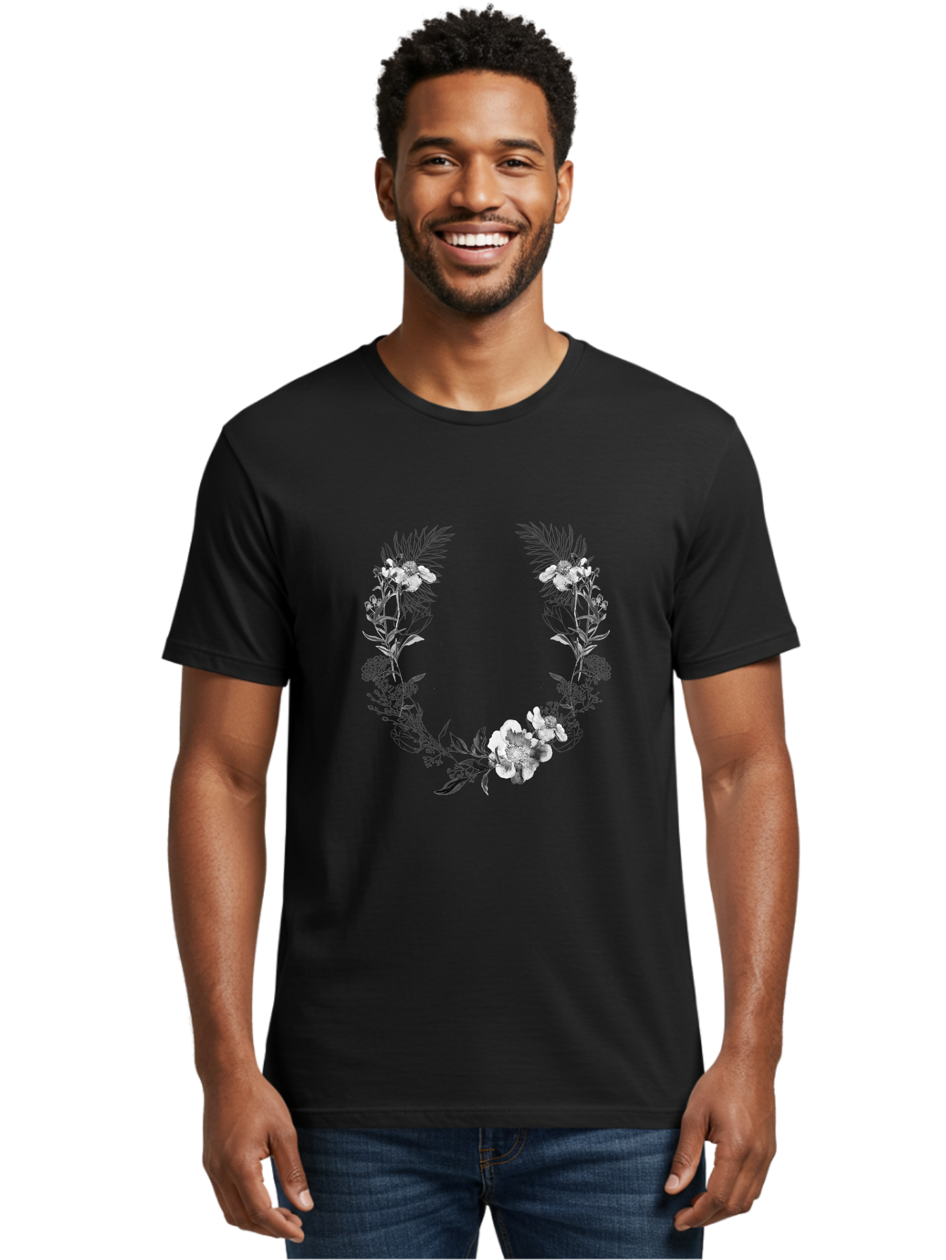 Floral-Wreath-2 Men'S Graphic Tee, 100% Cotton, Comfortable Casual Summer Wear, Machine Washable, Floral Wreath, Flowers And Leaves, Black And White Illustration, Delicate Botanicals, Floral Arrangement, Vintage Style, Elegant Design, Aac310 10