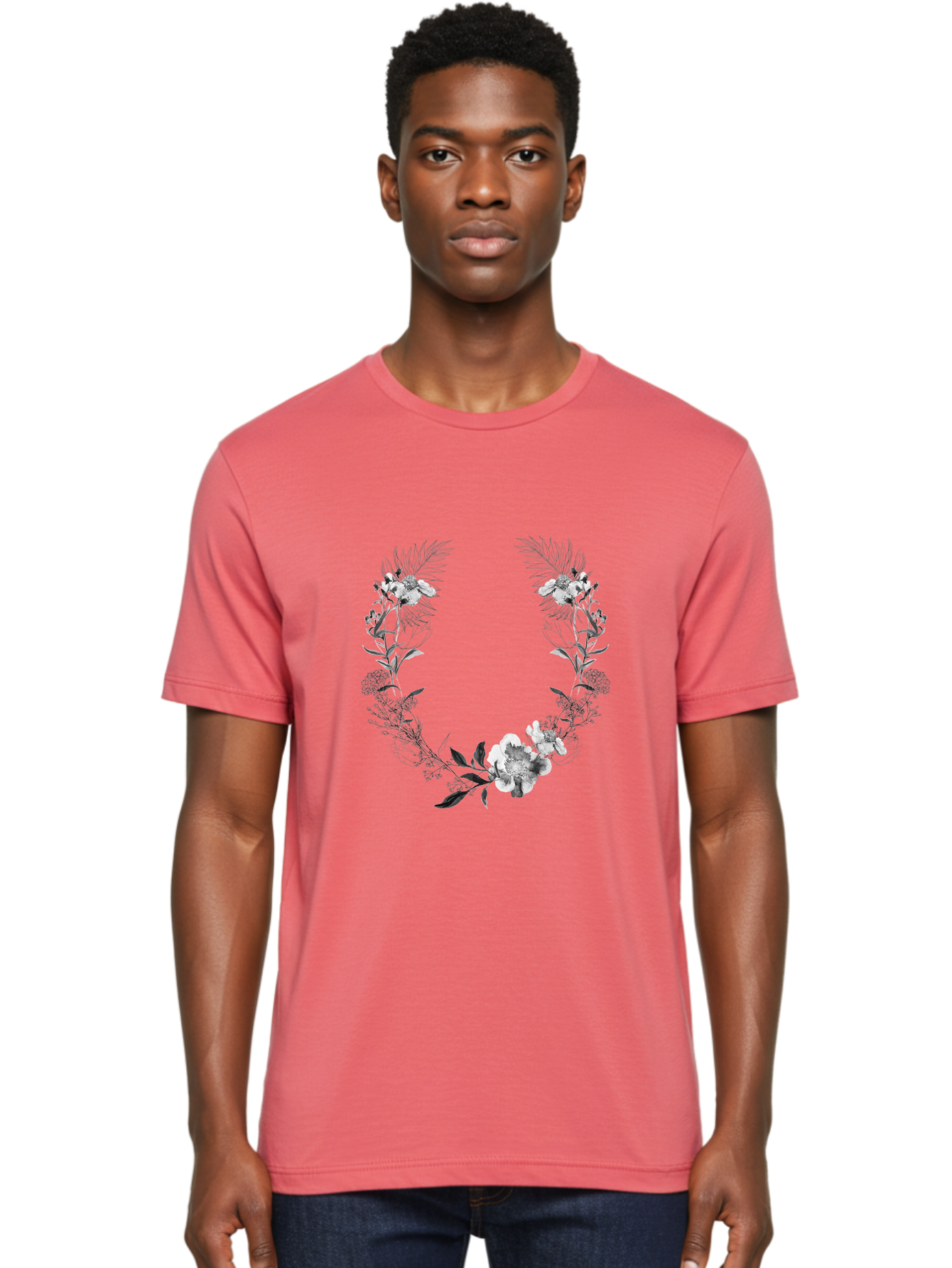 Floral-Wreath-2 Men'S Graphic Tee, 100% Cotton, Comfortable Casual Summer Wear, Machine Washable, Floral Wreath, Flowers And Leaves, Black And White Illustration, Delicate Botanicals, Floral Arrangement, Vintage Style, Elegant Design, Aac310 28