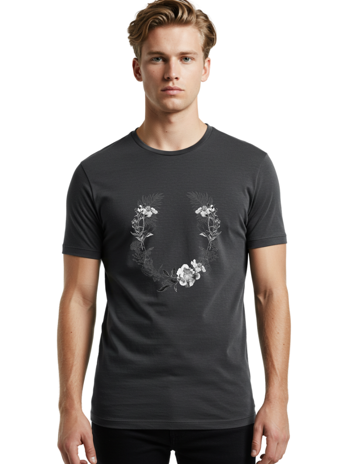 Floral-Wreath-2 Men'S Graphic Tee, 100% Cotton, Comfortable Casual Summer Wear, Machine Washable, Floral Wreath, Flowers And Leaves, Black And White Illustration, Delicate Botanicals, Floral Arrangement, Vintage Style, Elegant Design, Aac310 20