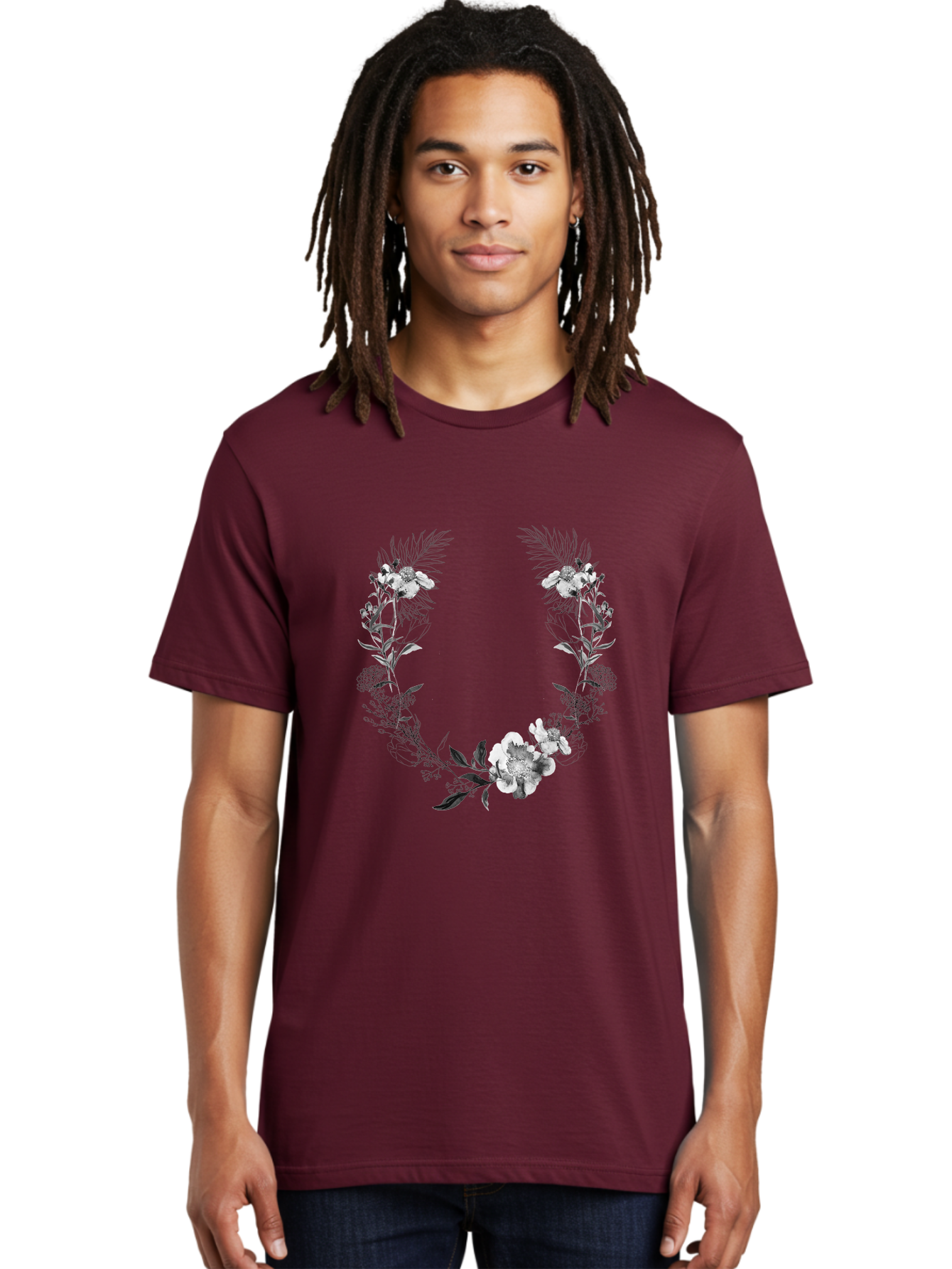 Floral-Wreath-2 Men'S Graphic Tee, 100% Cotton, Comfortable Casual Summer Wear, Machine Washable, Floral Wreath, Flowers And Leaves, Black And White Illustration, Delicate Botanicals, Floral Arrangement, Vintage Style, Elegant Design, Aac310 16