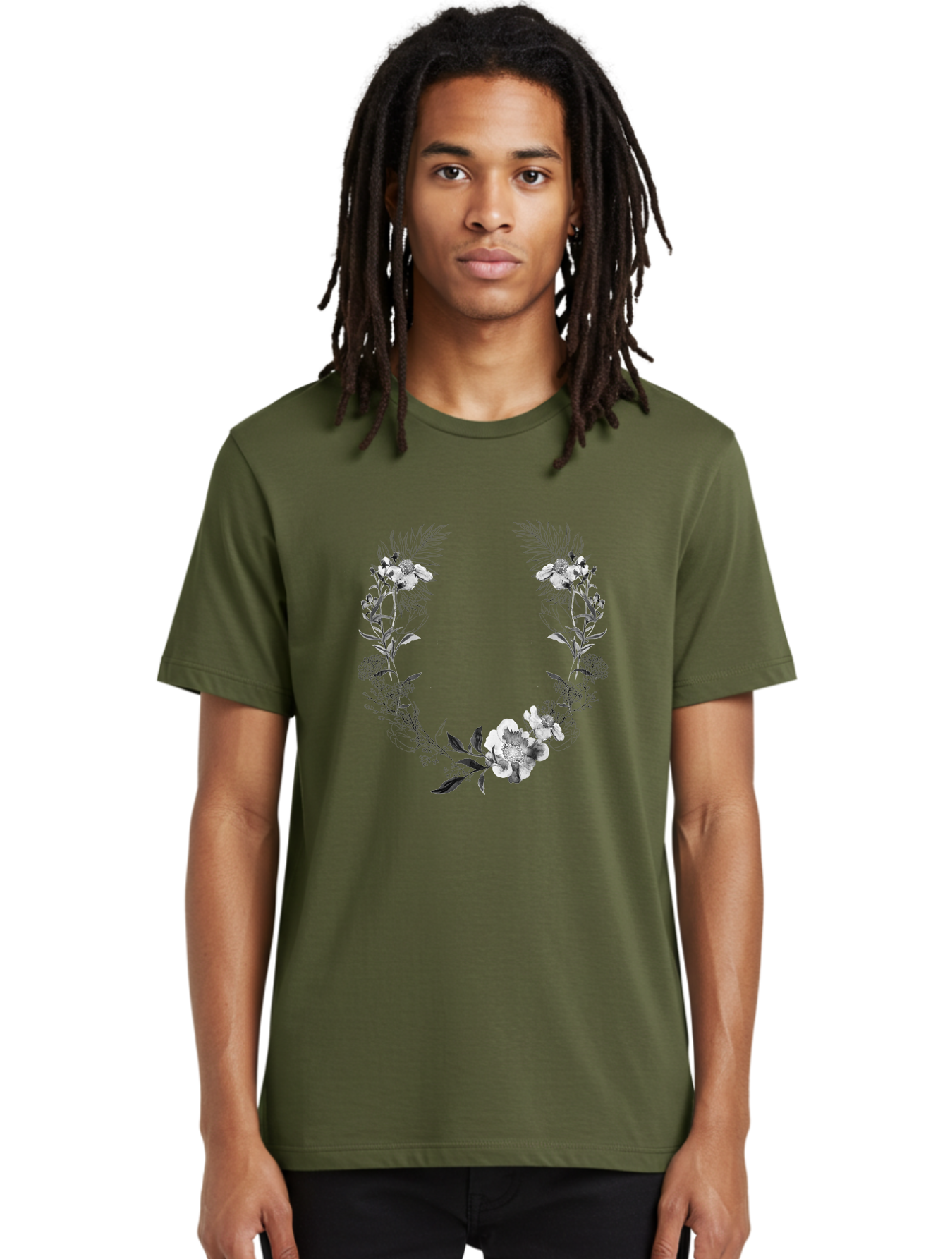 Floral-Wreath-2 Men'S Graphic Tee, 100% Cotton, Comfortable Casual Summer Wear, Machine Washable, Floral Wreath, Flowers And Leaves, Black And White Illustration, Delicate Botanicals, Floral Arrangement, Vintage Style, Elegant Design, Aac310 26