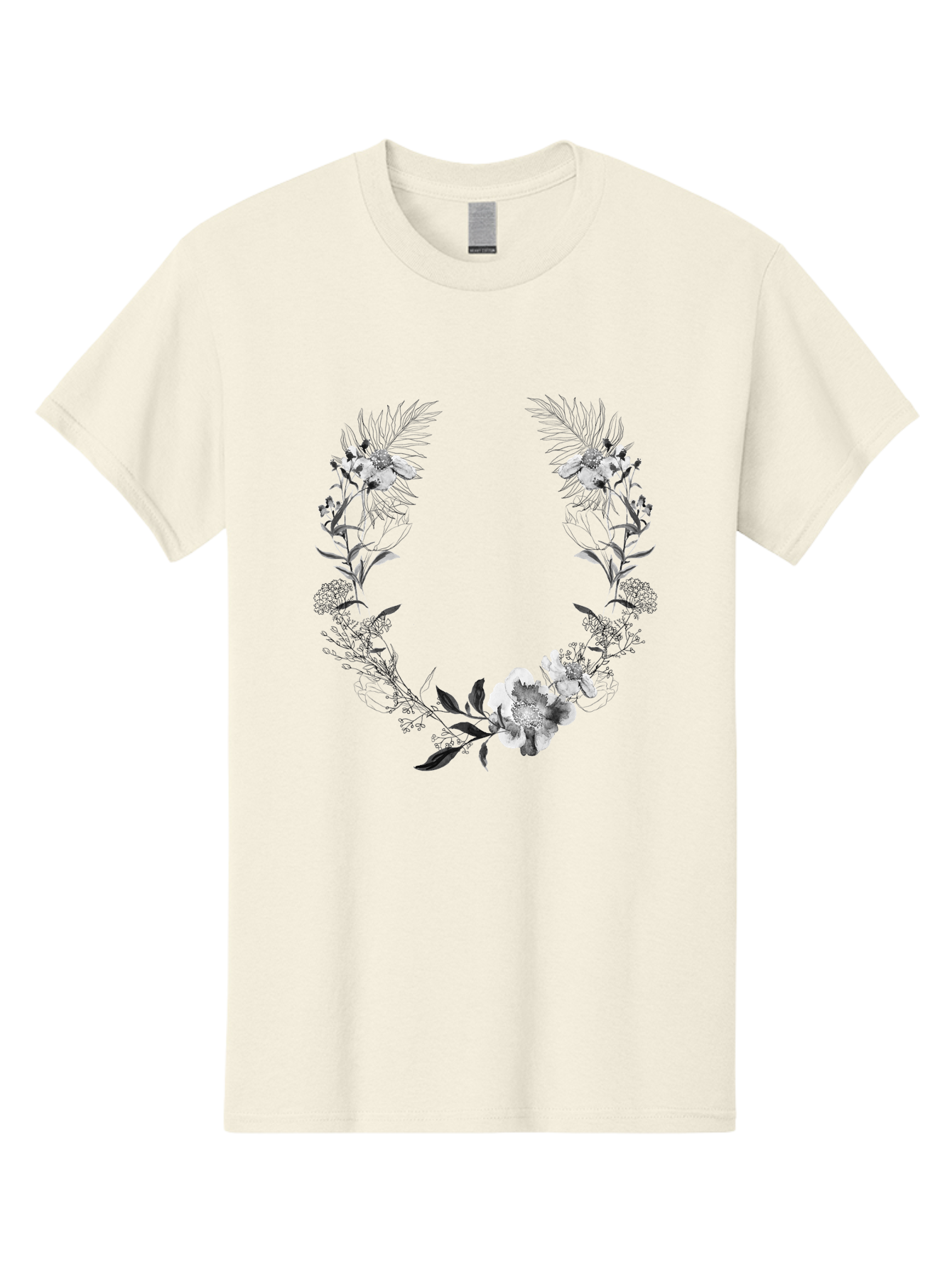 Floral-Wreath-2 Men'S Graphic Tee, 100% Cotton, Comfortable Casual Summer Wear, Machine Washable, Floral Wreath, Flowers And Leaves, Black And White Illustration, Delicate Botanicals, Floral Arrangement, Vintage Style, Elegant Design, Aac310 23