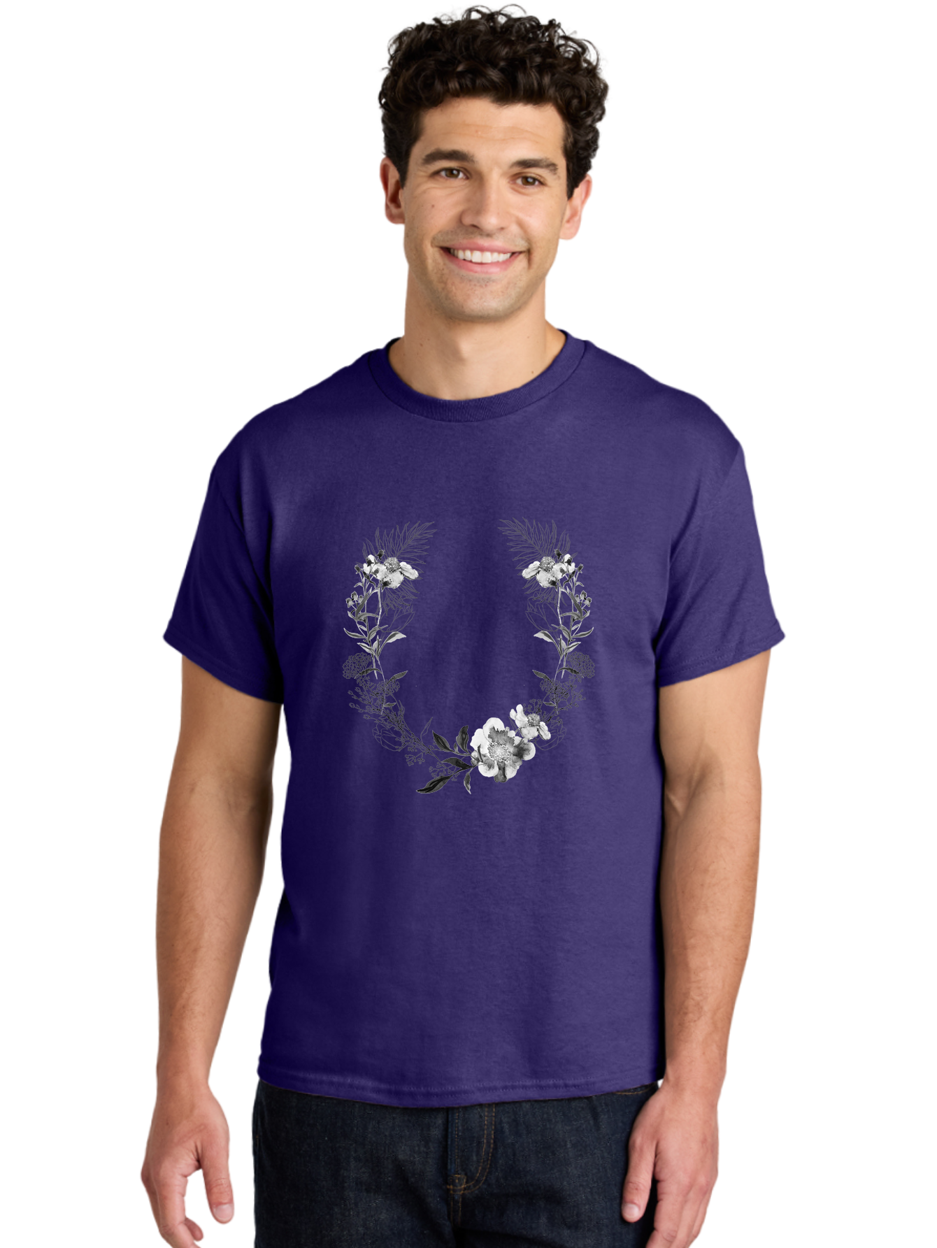 Floral-Wreath-2 Men'S Graphic Tee, 100% Cotton, Comfortable Casual Summer Wear, Machine Washable, Floral Wreath, Flowers And Leaves, Black And White Illustration, Delicate Botanicals, Floral Arrangement, Vintage Style, Elegant Design, Aac310 6