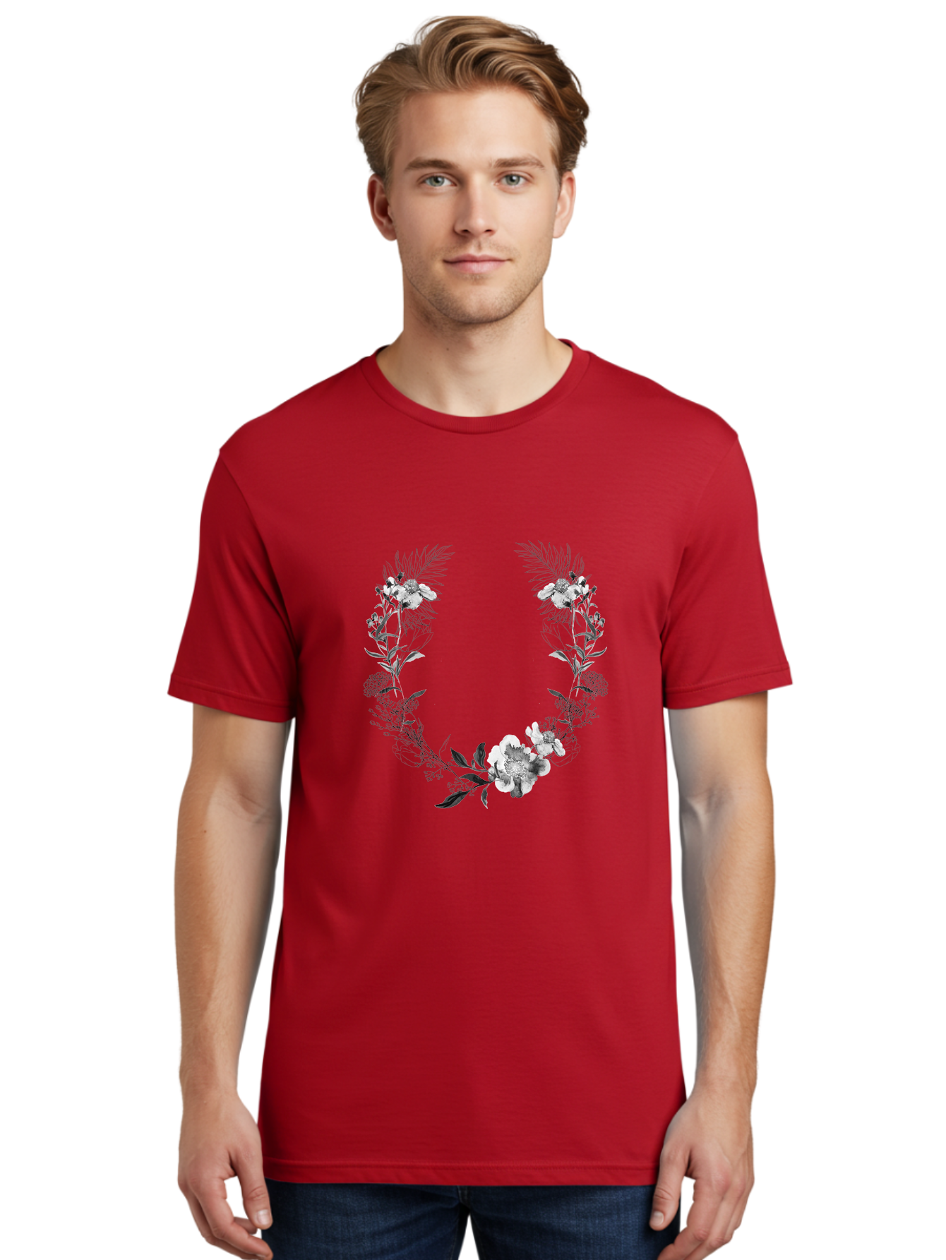 Floral-Wreath-2 Men'S Graphic Tee, 100% Cotton, Comfortable Casual Summer Wear, Machine Washable, Floral Wreath, Flowers And Leaves, Black And White Illustration, Delicate Botanicals, Floral Arrangement, Vintage Style, Elegant Design, Aac310 18