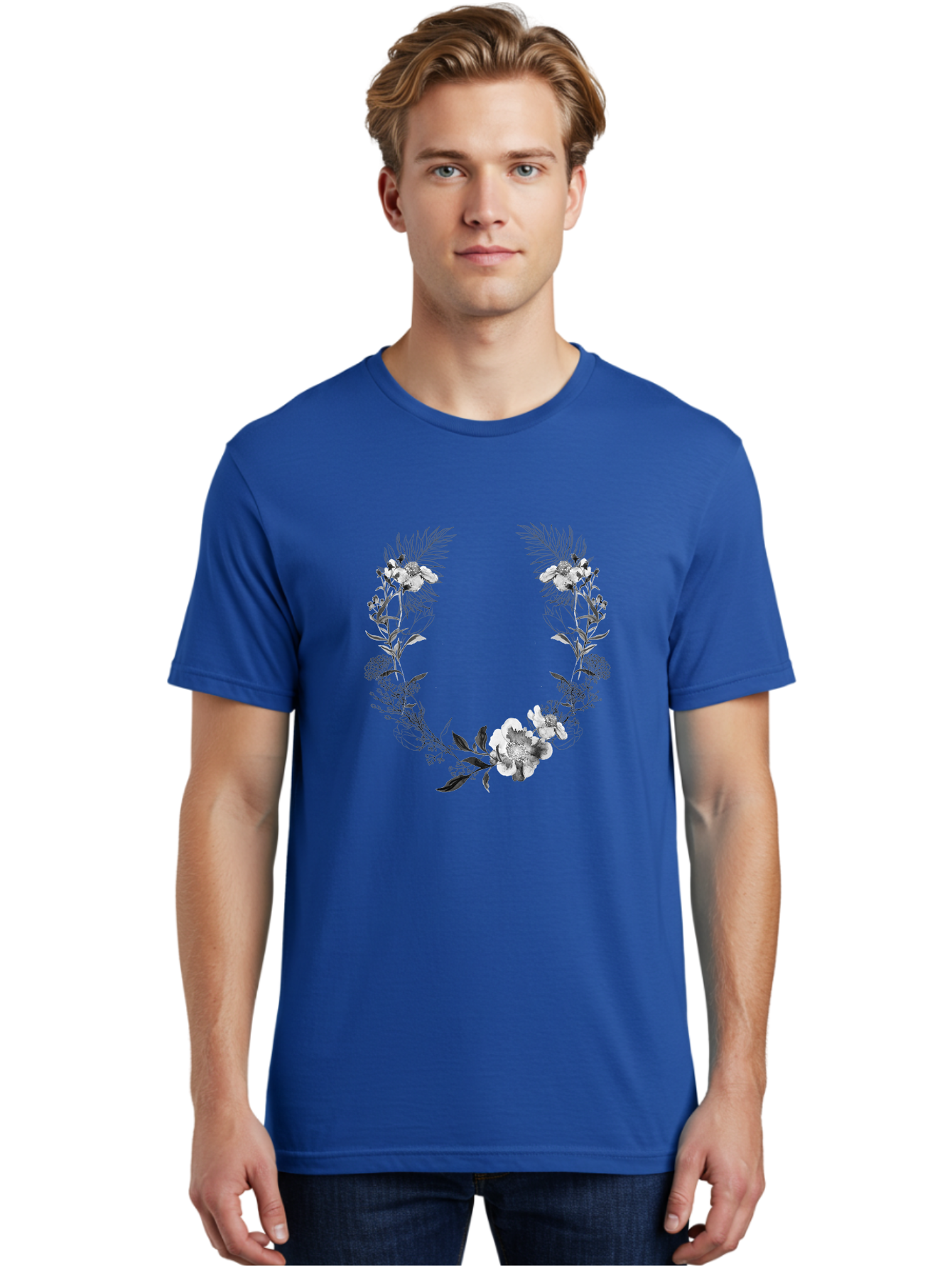 Floral-Wreath-2 Men'S Graphic Tee, 100% Cotton, Comfortable Casual Summer Wear, Machine Washable, Floral Wreath, Flowers And Leaves, Black And White Illustration, Delicate Botanicals, Floral Arrangement, Vintage Style, Elegant Design, Aac310 14