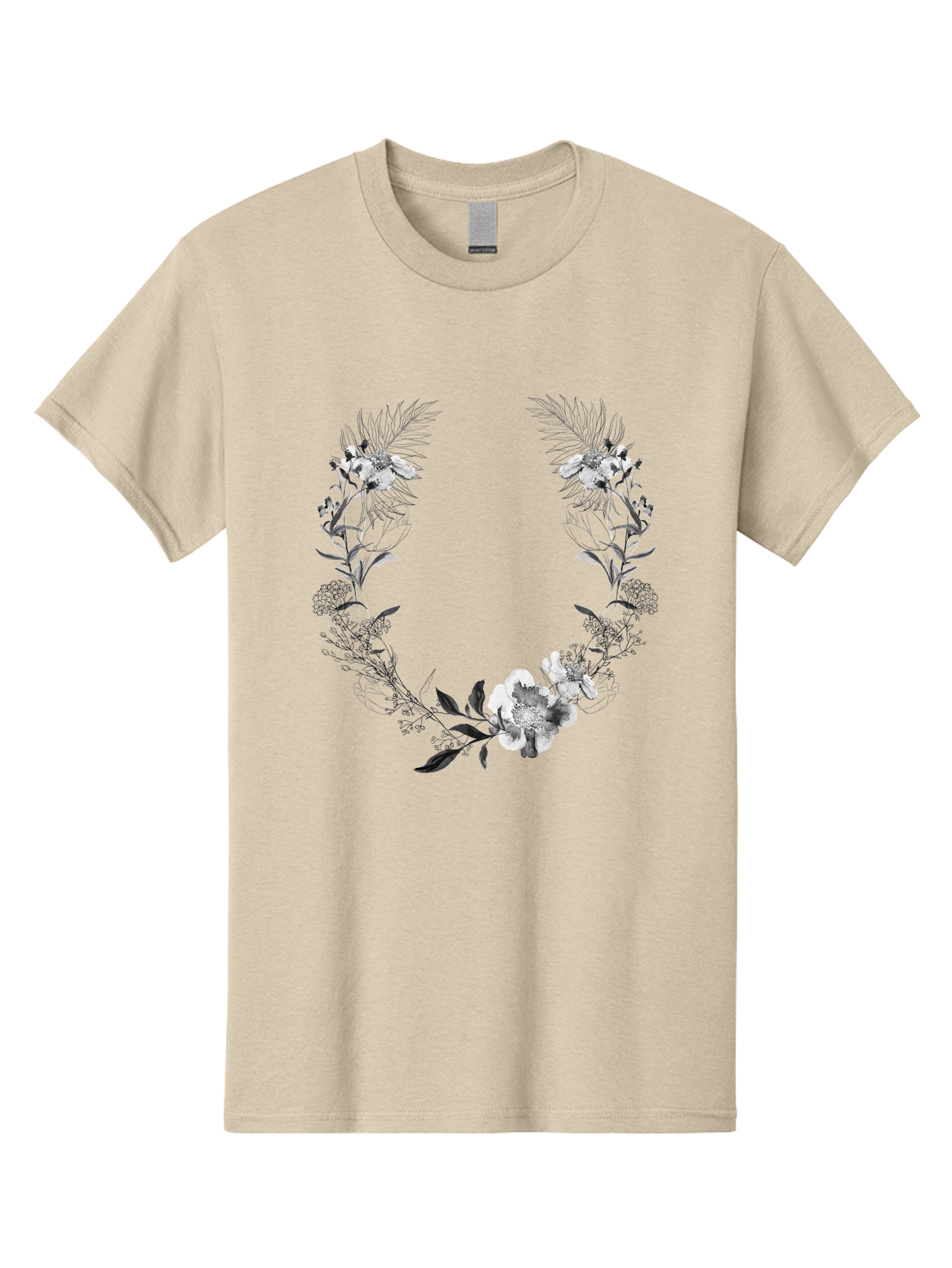 Floral-Wreath-2 Men'S Graphic Tee, 100% Cotton, Comfortable Casual Summer Wear, Machine Washable, Floral Wreath, Flowers And Leaves, Black And White Illustration, Delicate Botanicals, Floral Arrangement, Vintage Style, Elegant Design, Aac310 11