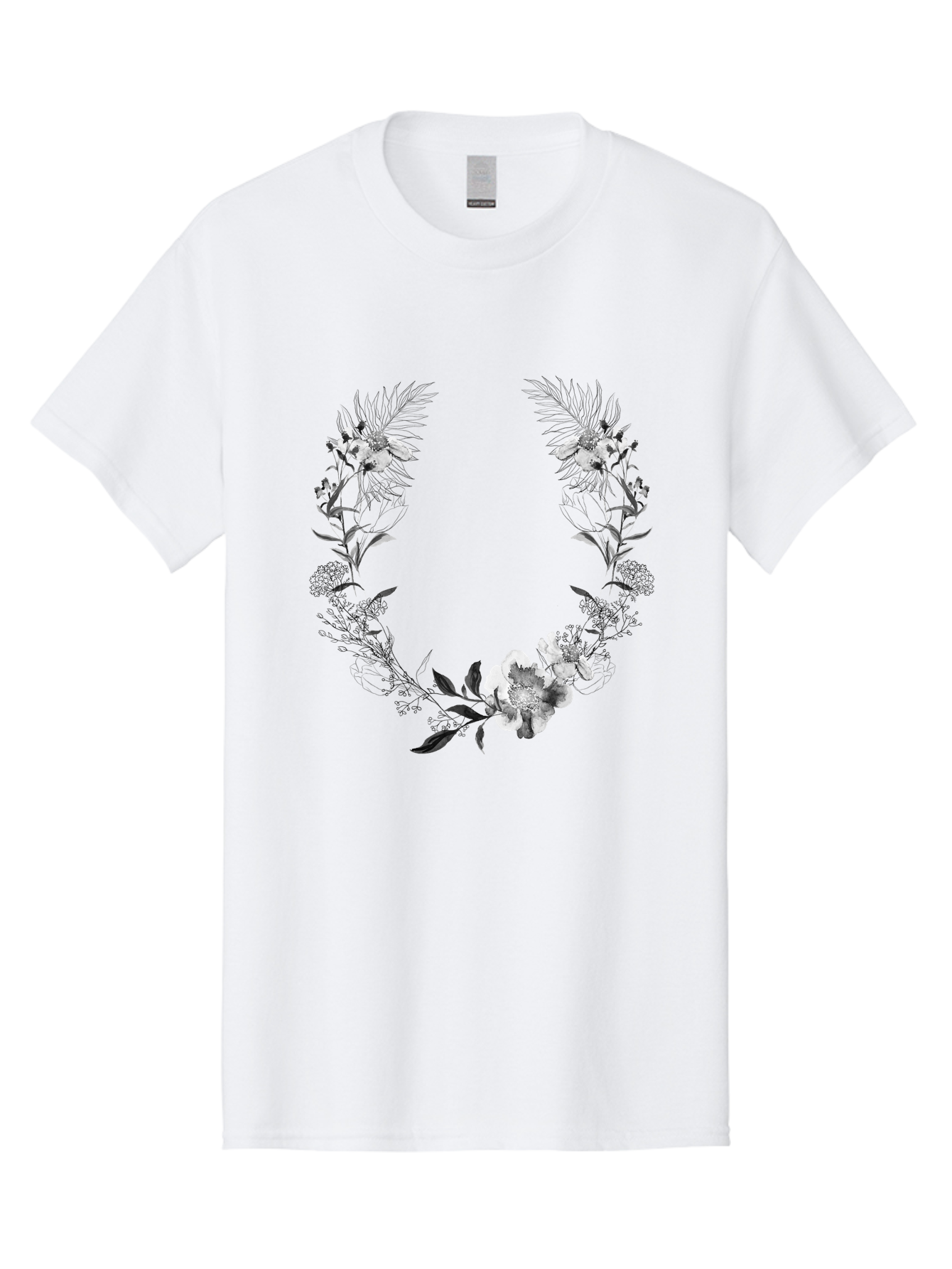 Floral-Wreath-2 Men'S Graphic Tee, 100% Cotton, Comfortable Casual Summer Wear, Machine Washable, Floral Wreath, Flowers And Leaves, Black And White Illustration, Delicate Botanicals, Floral Arrangement, Vintage Style, Elegant Design, Aac310 1