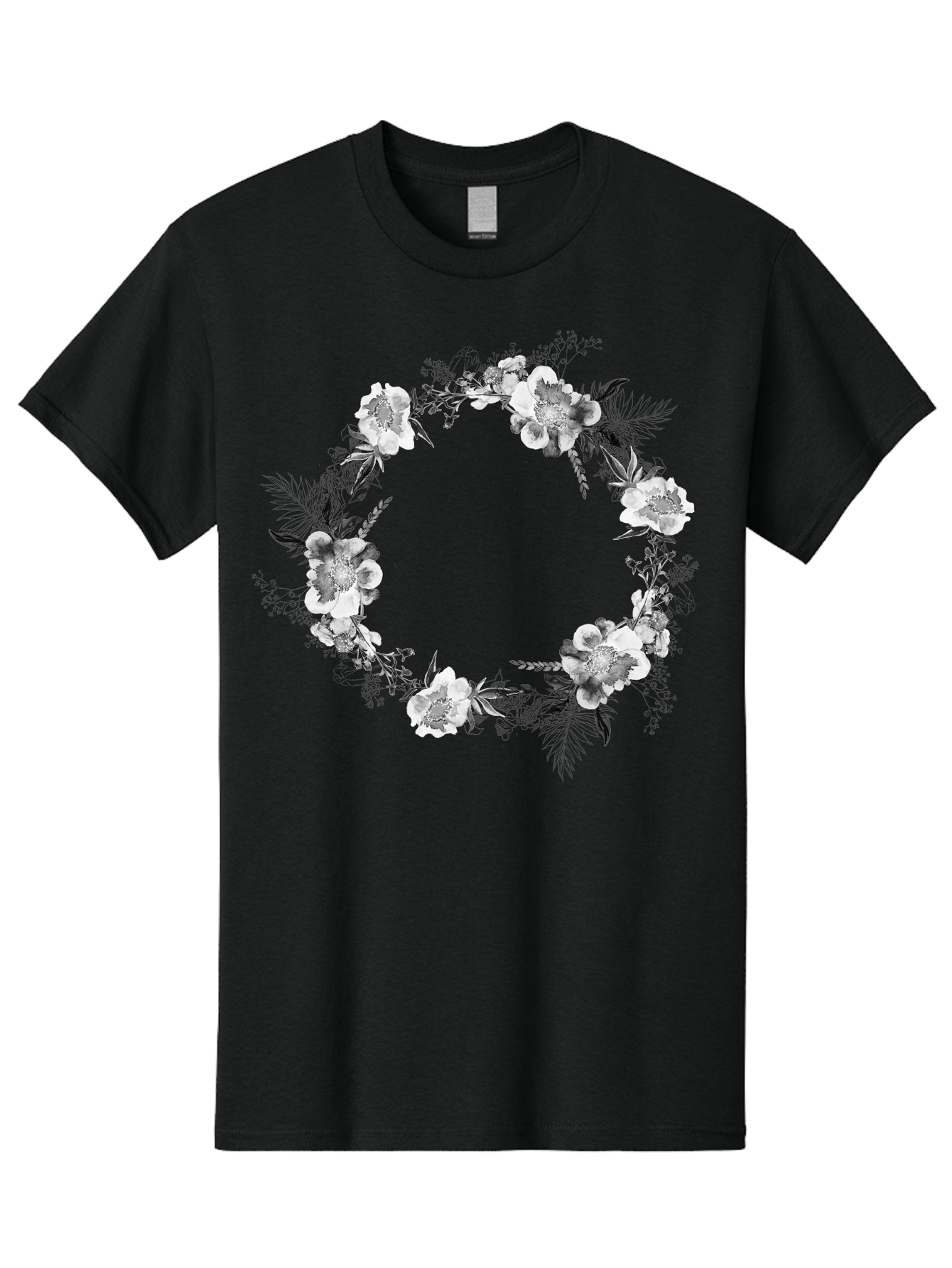 Floral-Wreath Men'S Graphic Tee, 100% Cotton, Comfortable Casual Summer Wear, Machine Washable, Floral Wreath, White Flowers, Black And White Flowers, Foliage, Leaves, Floral Arrangement, Circular Frame, Elegant Design, Delicate Petals, Aac311 7