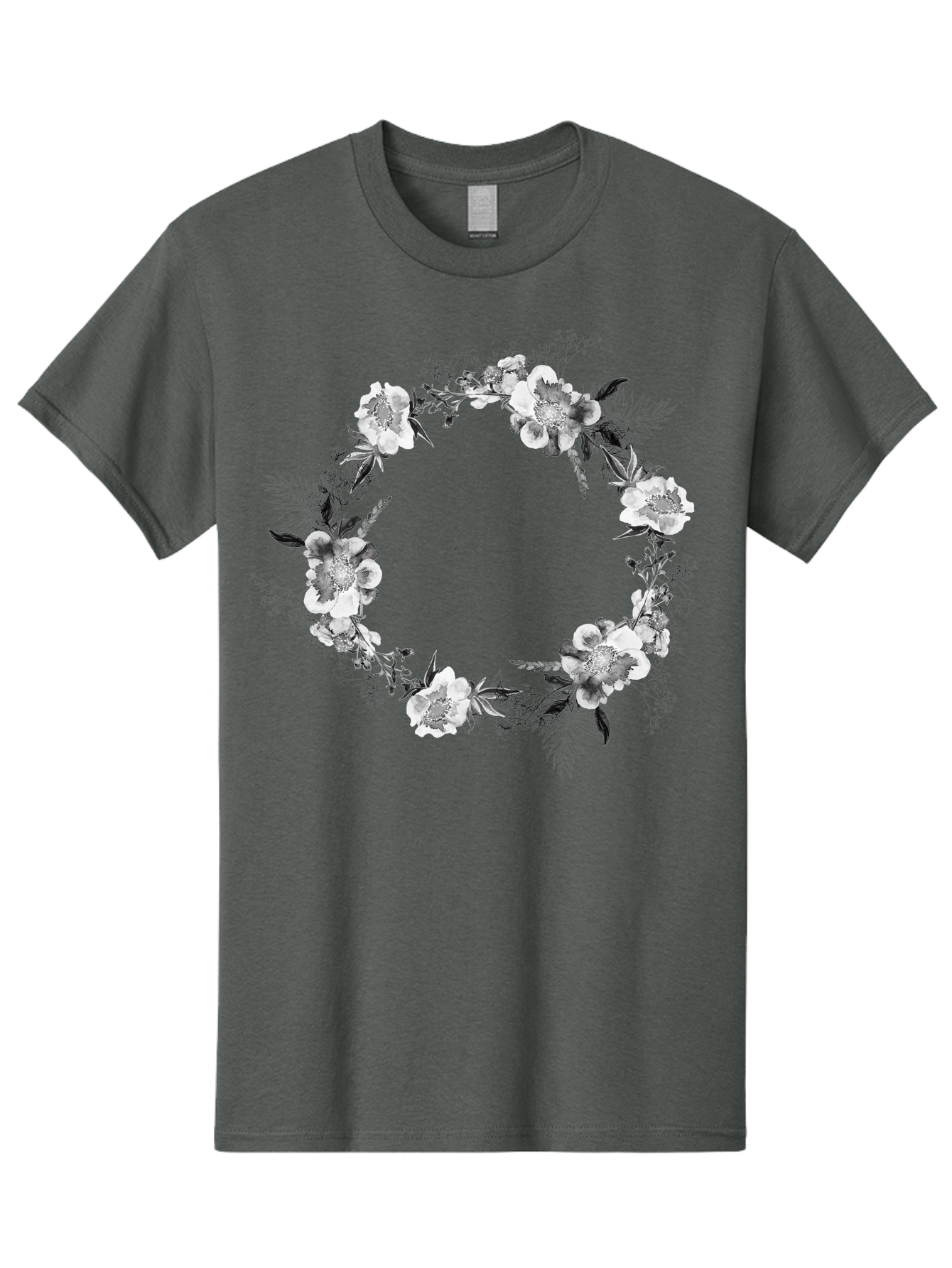 Floral-Wreath Men'S Graphic Tee, 100% Cotton, Comfortable Casual Summer Wear, Machine Washable, Floral Wreath, White Flowers, Black And White Flowers, Foliage, Leaves, Floral Arrangement, Circular Frame, Elegant Design, Delicate Petals, Aac311 9