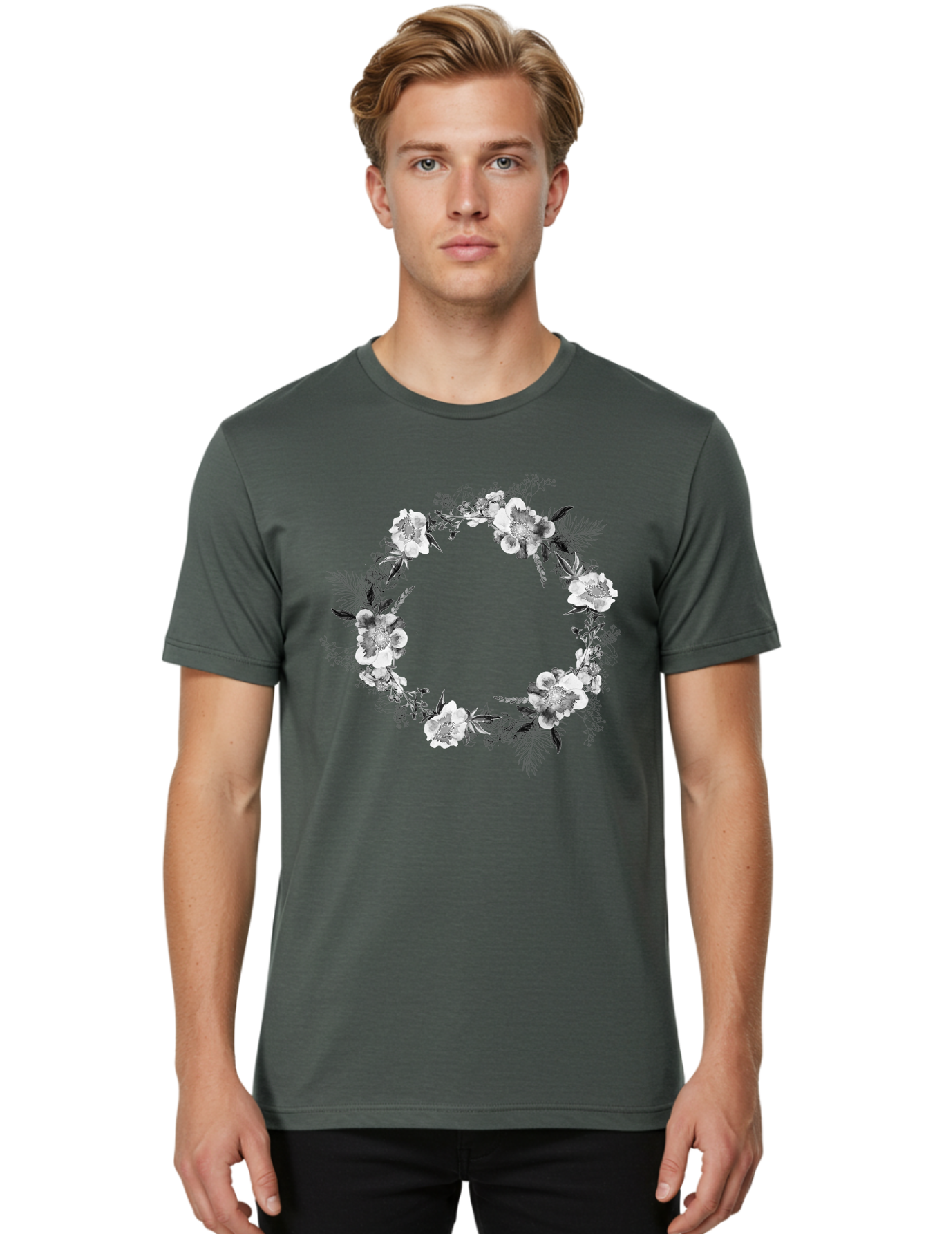 Floral-Wreath Men'S Graphic Tee, 100% Cotton, Comfortable Casual Summer Wear, Machine Washable, Floral Wreath, White Flowers, Black And White Flowers, Foliage, Leaves, Floral Arrangement, Circular Frame, Elegant Design, Delicate Petals, Aac311 10