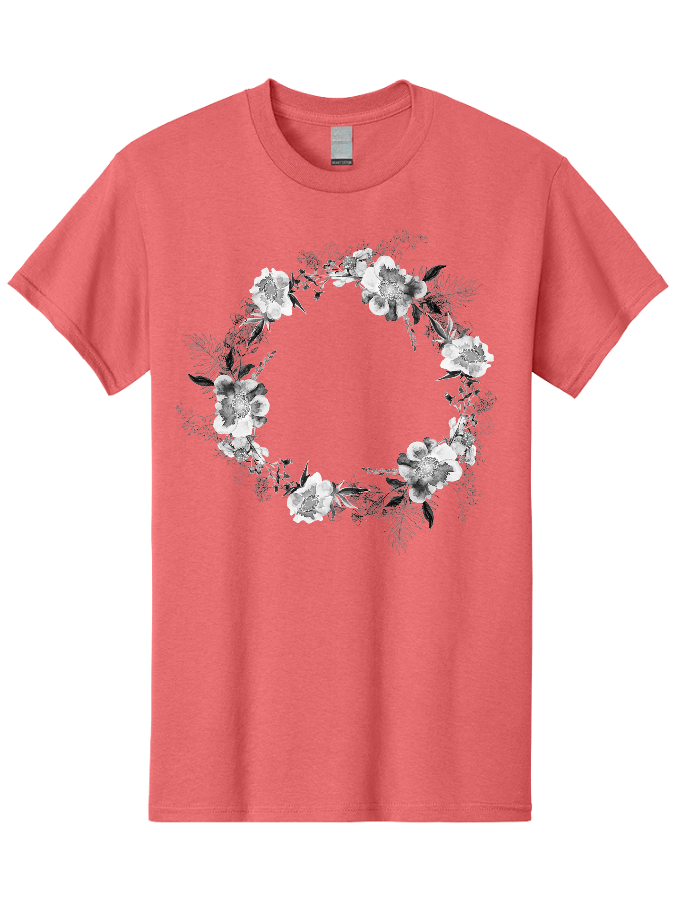 Floral-Wreath Men'S Graphic Tee, 100% Cotton, Comfortable Casual Summer Wear, Machine Washable, Floral Wreath, White Flowers, Black And White Flowers, Foliage, Leaves, Floral Arrangement, Circular Frame, Elegant Design, Delicate Petals, Aac311 15