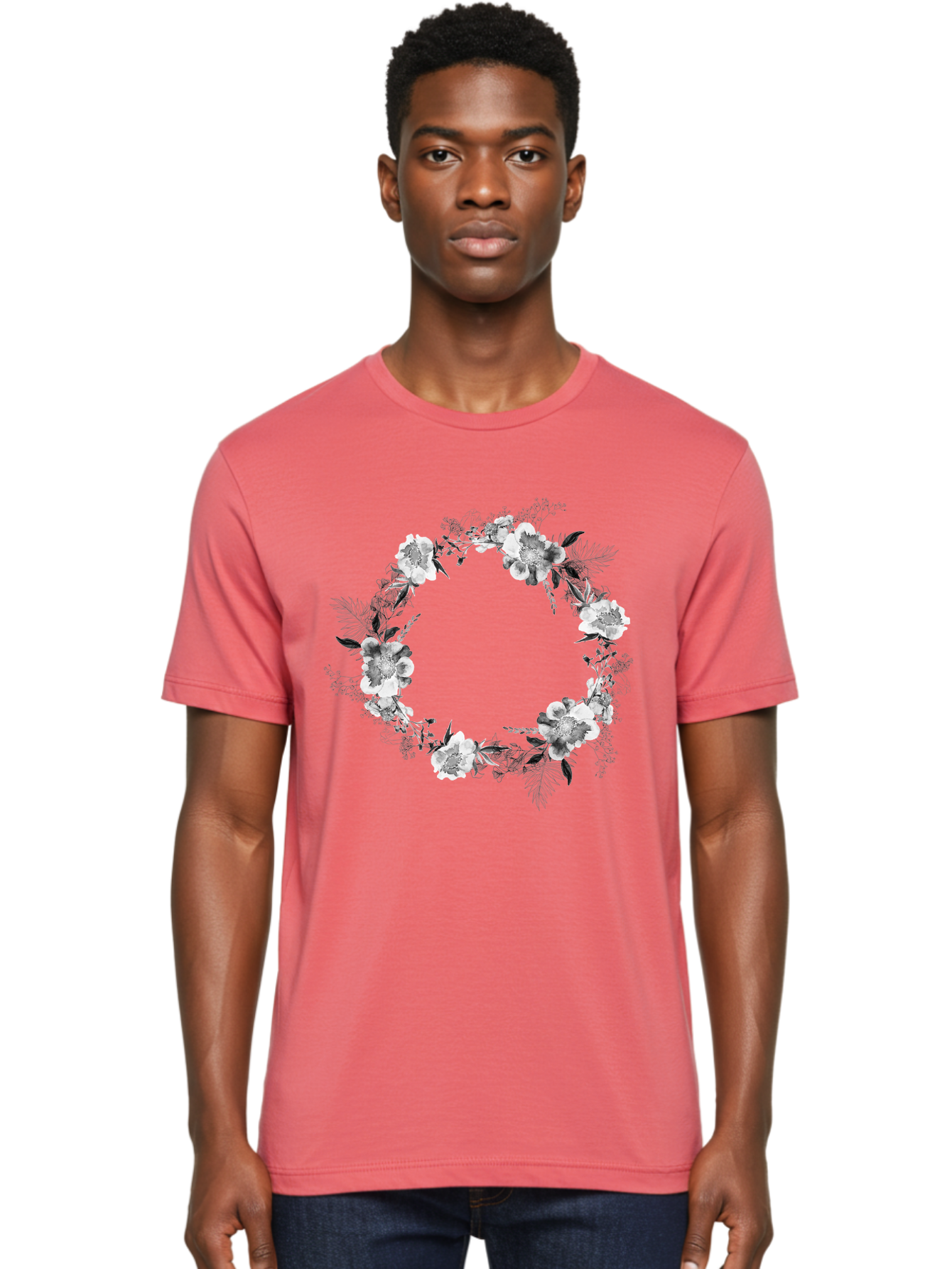 Floral-Wreath Men'S Graphic Tee, 100% Cotton, Comfortable Casual Summer Wear, Machine Washable, Floral Wreath, White Flowers, Black And White Flowers, Foliage, Leaves, Floral Arrangement, Circular Frame, Elegant Design, Delicate Petals, Aac311 16