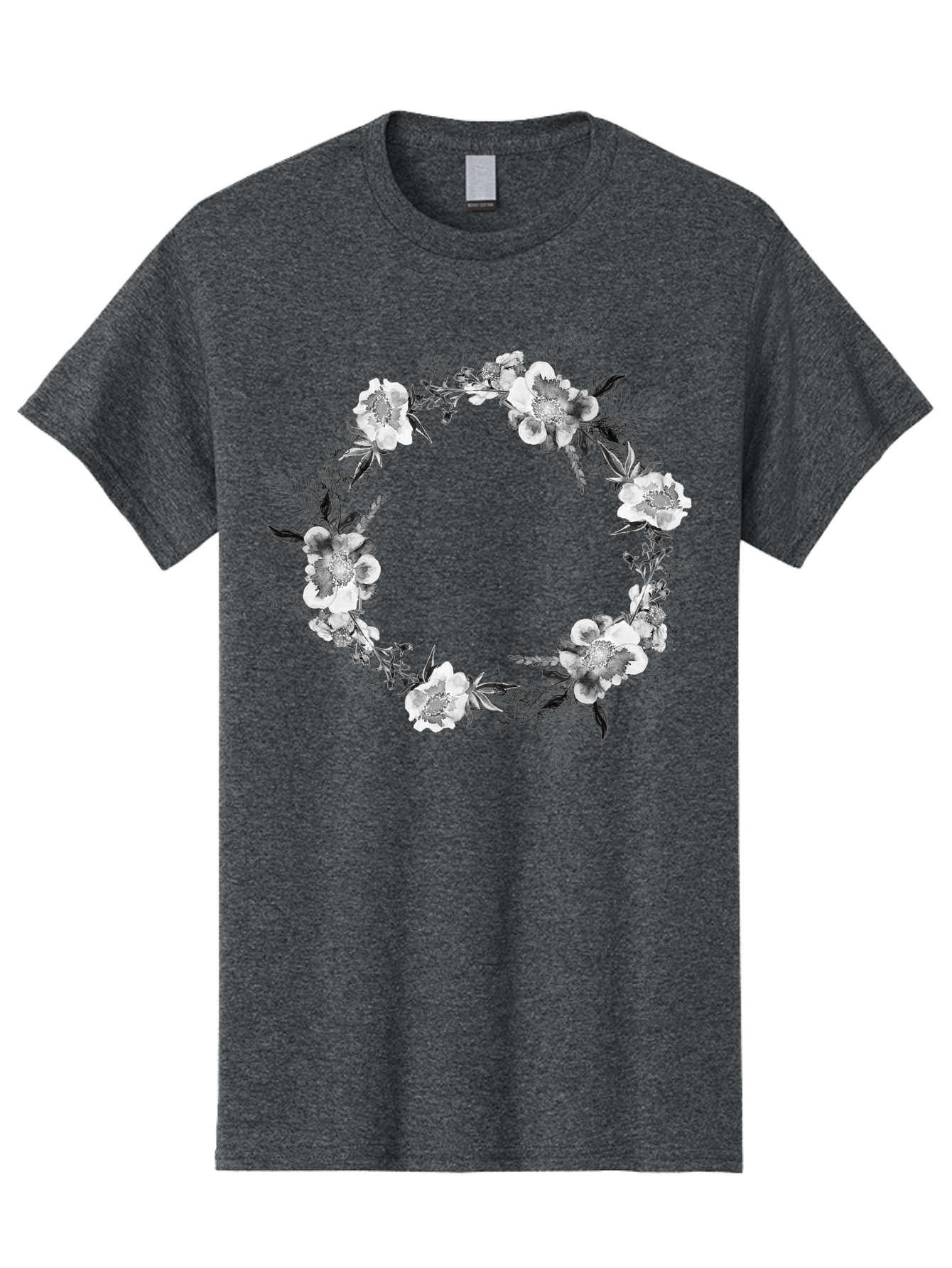 Floral-Wreath Men'S Graphic Tee, 100% Cotton, Comfortable Casual Summer Wear, Machine Washable, Floral Wreath, White Flowers, Black And White Flowers, Foliage, Leaves, Floral Arrangement, Circular Frame, Elegant Design, Delicate Petals, Aac311 25
