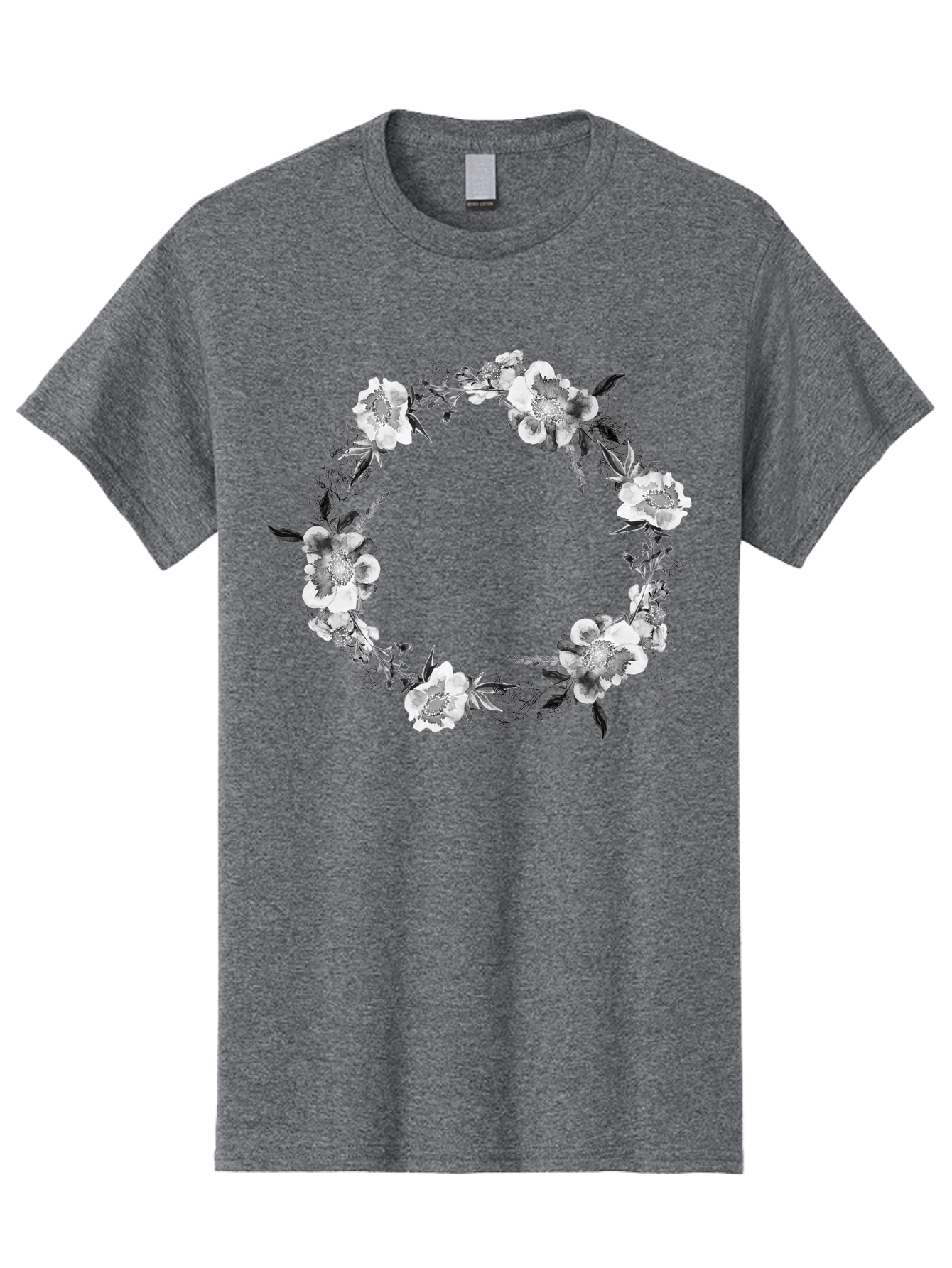 Floral-Wreath Men'S Graphic Tee, 100% Cotton, Comfortable Casual Summer Wear, Machine Washable, Floral Wreath, White Flowers, Black And White Flowers, Foliage, Leaves, Floral Arrangement, Circular Frame, Elegant Design, Delicate Petals, Aac311 19