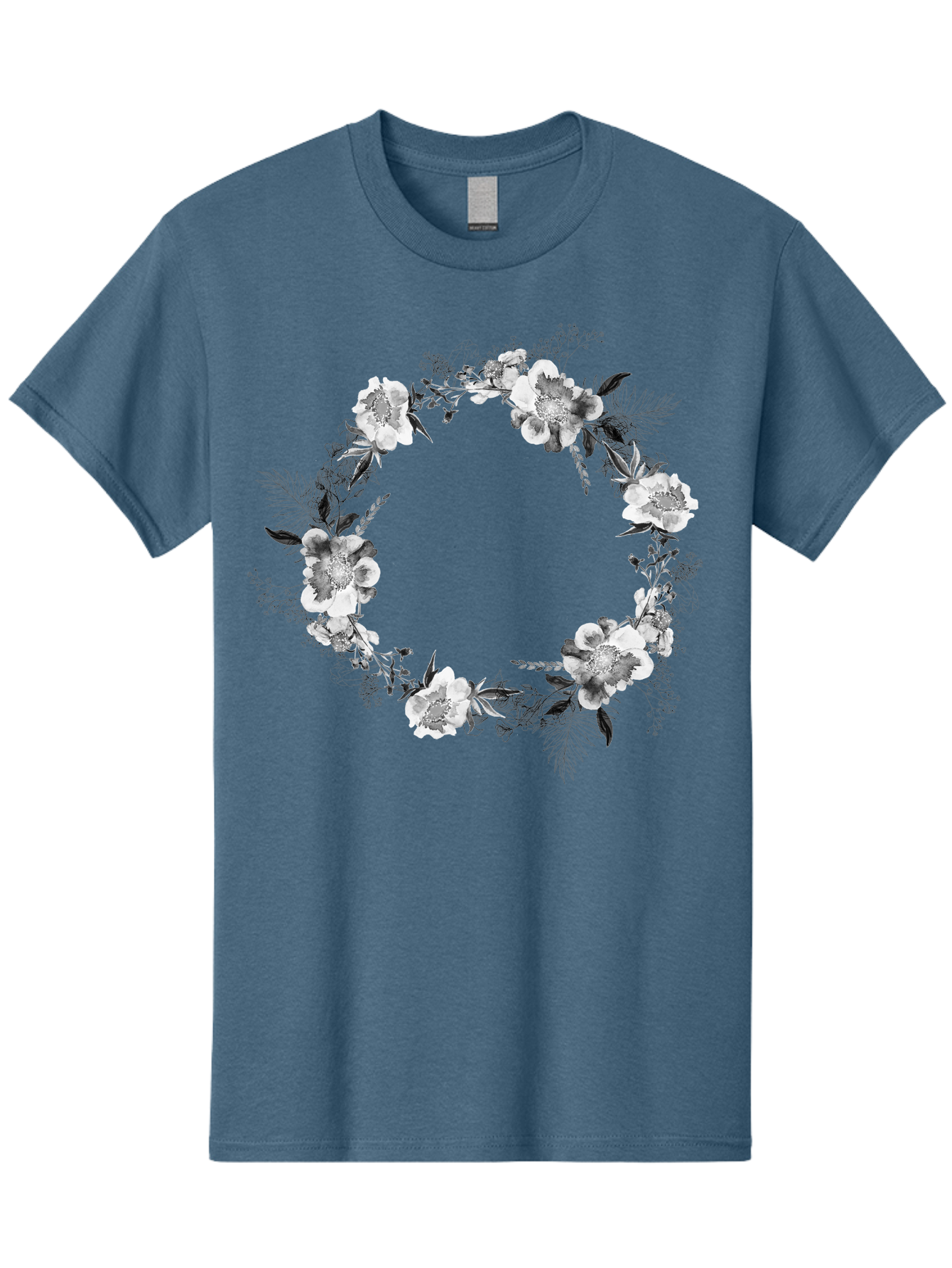 Floral-Wreath Men'S Graphic Tee, 100% Cotton, Comfortable Casual Summer Wear, Machine Washable, Floral Wreath, White Flowers, Black And White Flowers, Foliage, Leaves, Floral Arrangement, Circular Frame, Elegant Design, Delicate Petals, Aac311 17