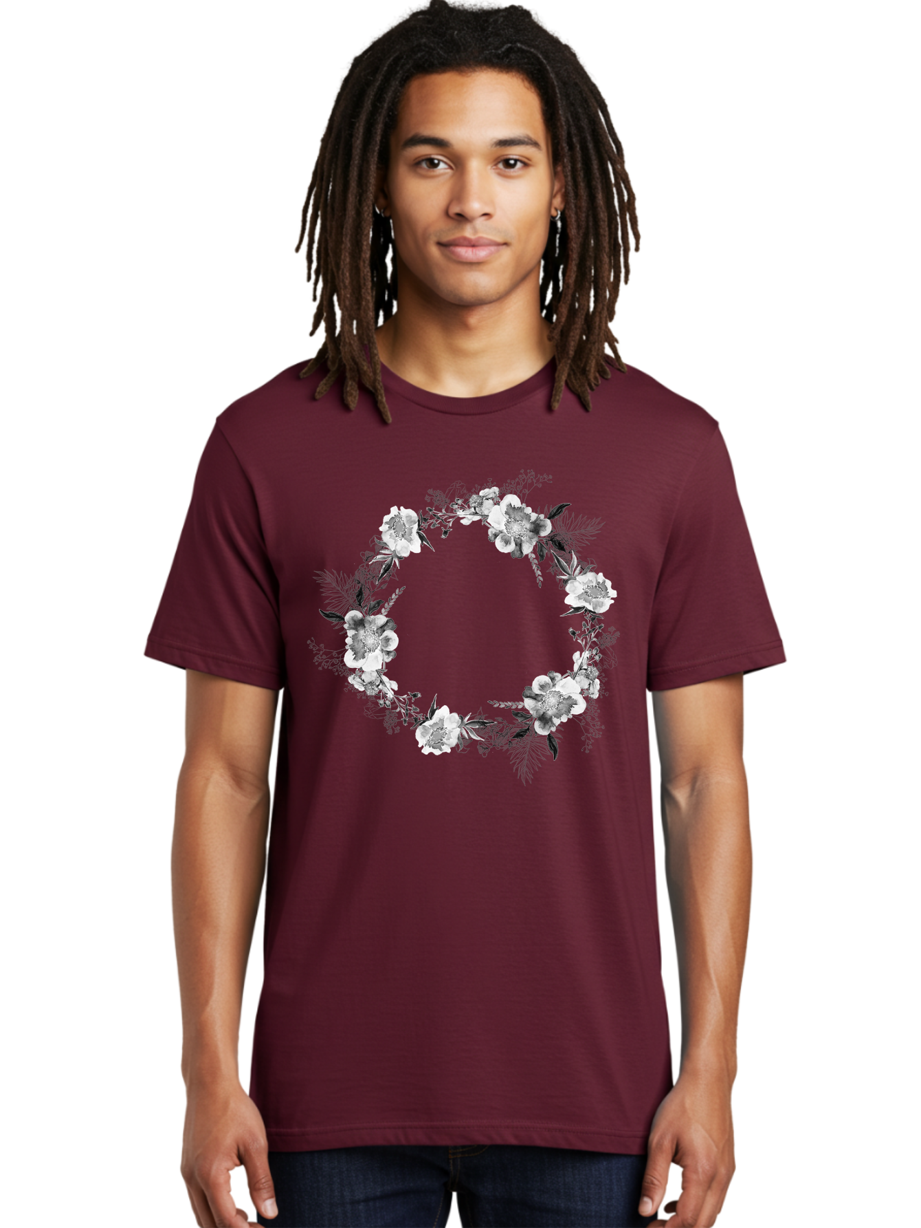 Floral-Wreath Men'S Graphic Tee, 100% Cotton, Comfortable Casual Summer Wear, Machine Washable, Floral Wreath, White Flowers, Black And White Flowers, Foliage, Leaves, Floral Arrangement, Circular Frame, Elegant Design, Delicate Petals, Aac311 4