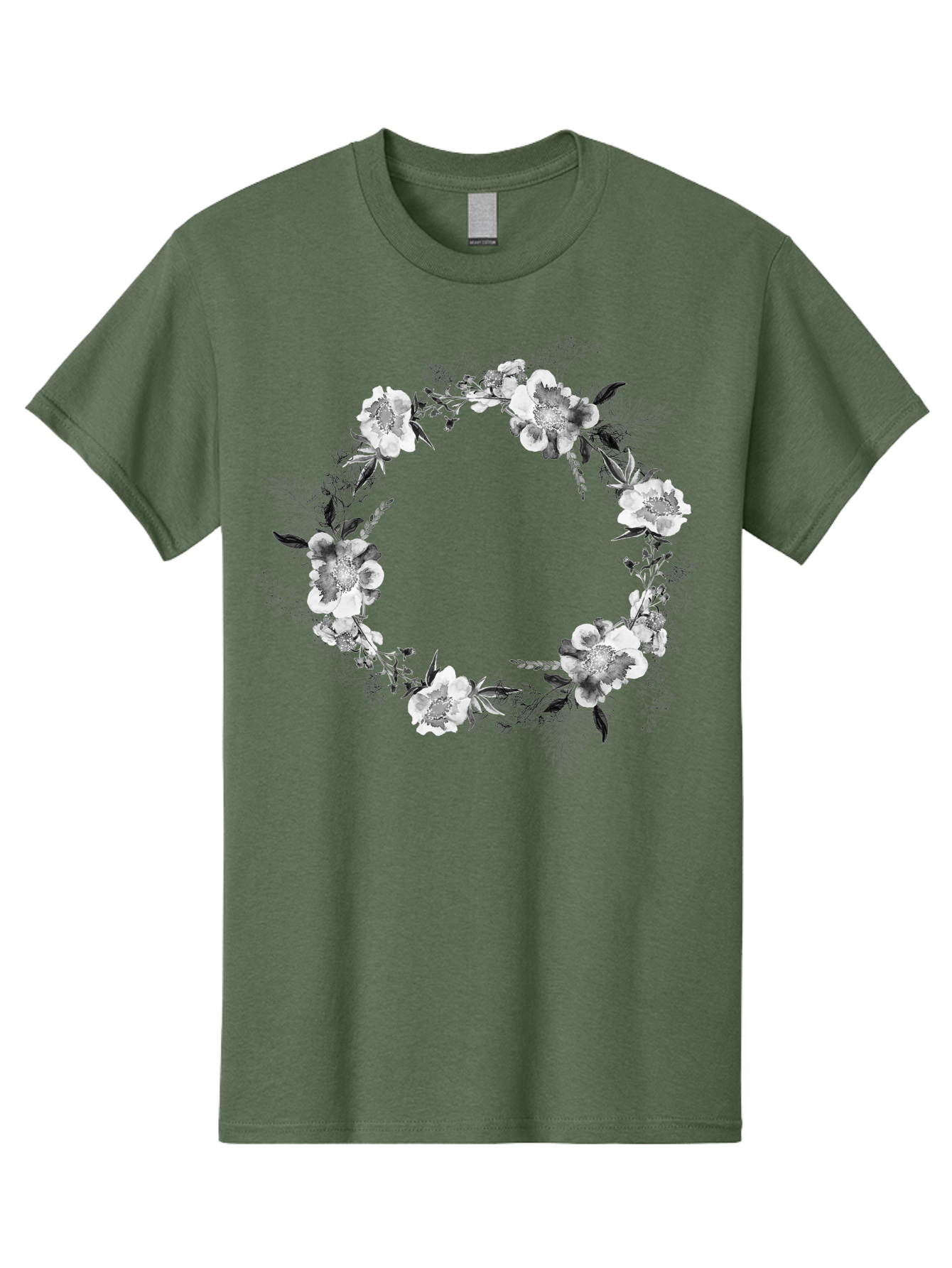 Floral-Wreath Men'S Graphic Tee, 100% Cotton, Comfortable Casual Summer Wear, Machine Washable, Floral Wreath, White Flowers, Black And White Flowers, Foliage, Leaves, Floral Arrangement, Circular Frame, Elegant Design, Delicate Petals, Aac311 1