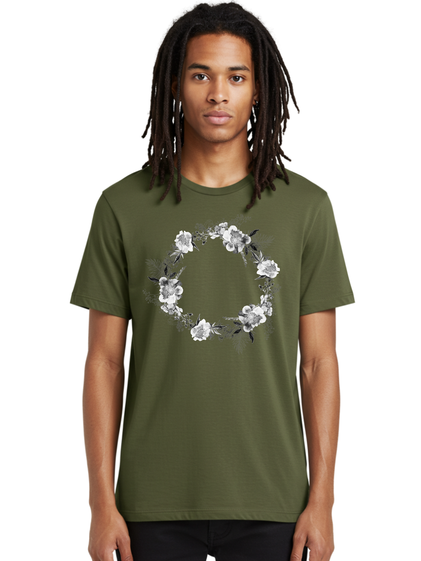 Floral-Wreath Men'S Graphic Tee, 100% Cotton, Comfortable Casual Summer Wear, Machine Washable, Floral Wreath, White Flowers, Black And White Flowers, Foliage, Leaves, Floral Arrangement, Circular Frame, Elegant Design, Delicate Petals, Aac311 2