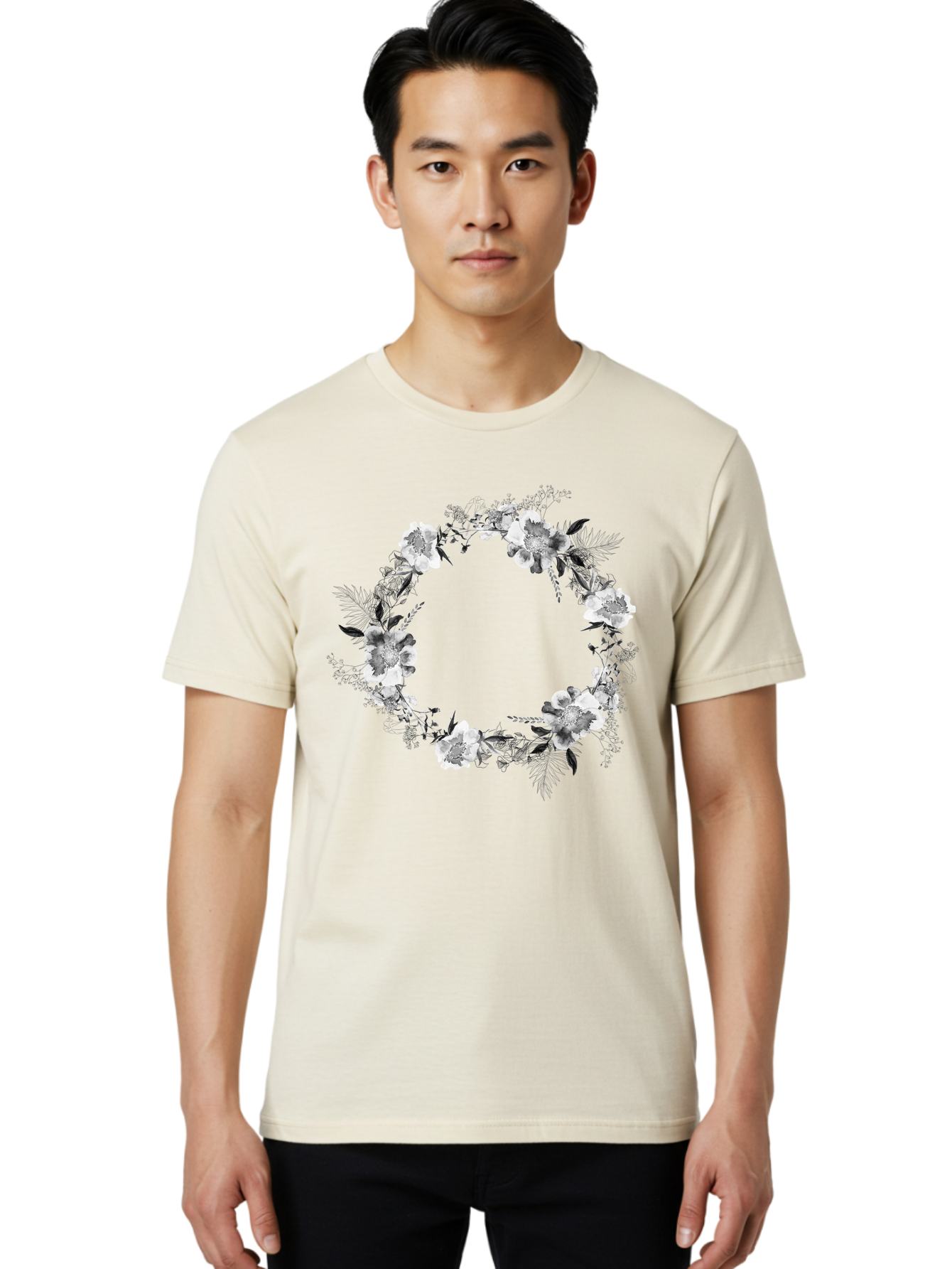 Floral-Wreath Men'S Graphic Tee, 100% Cotton, Comfortable Casual Summer Wear, Machine Washable, Floral Wreath, White Flowers, Black And White Flowers, Foliage, Leaves, Floral Arrangement, Circular Frame, Elegant Design, Delicate Petals, Aac311 24