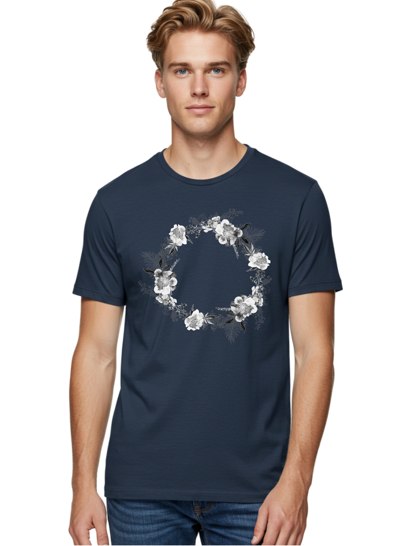 Floral-Wreath Men'S Graphic Tee, 100% Cotton, Comfortable Casual Summer Wear, Machine Washable, Floral Wreath, White Flowers, Black And White Flowers, Foliage, Leaves, Floral Arrangement, Circular Frame, Elegant Design, Delicate Petals, Aac311 22