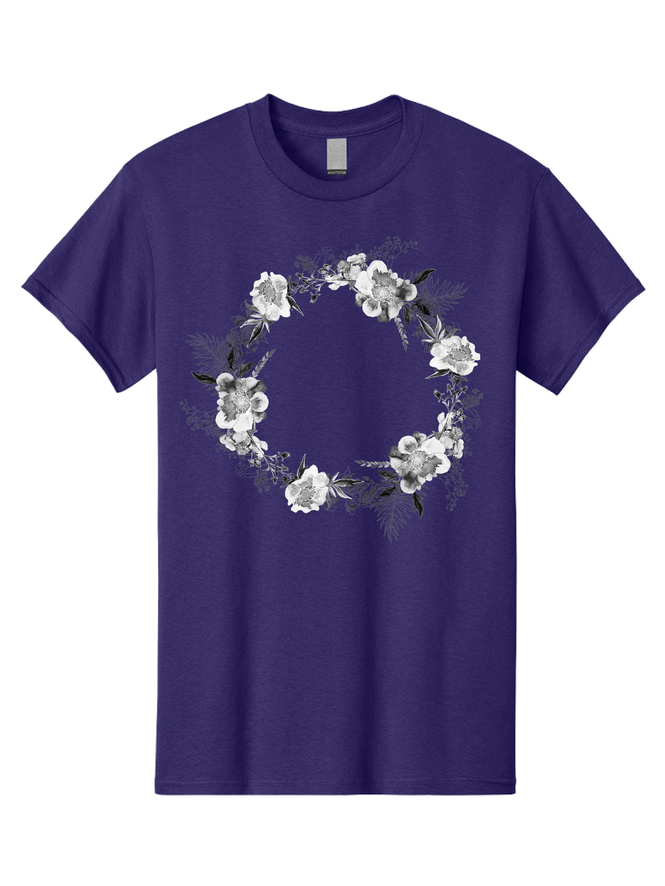 Floral-Wreath Men'S Graphic Tee, 100% Cotton, Comfortable Casual Summer Wear, Machine Washable, Floral Wreath, White Flowers, Black And White Flowers, Foliage, Leaves, Floral Arrangement, Circular Frame, Elegant Design, Delicate Petals, Aac311 11