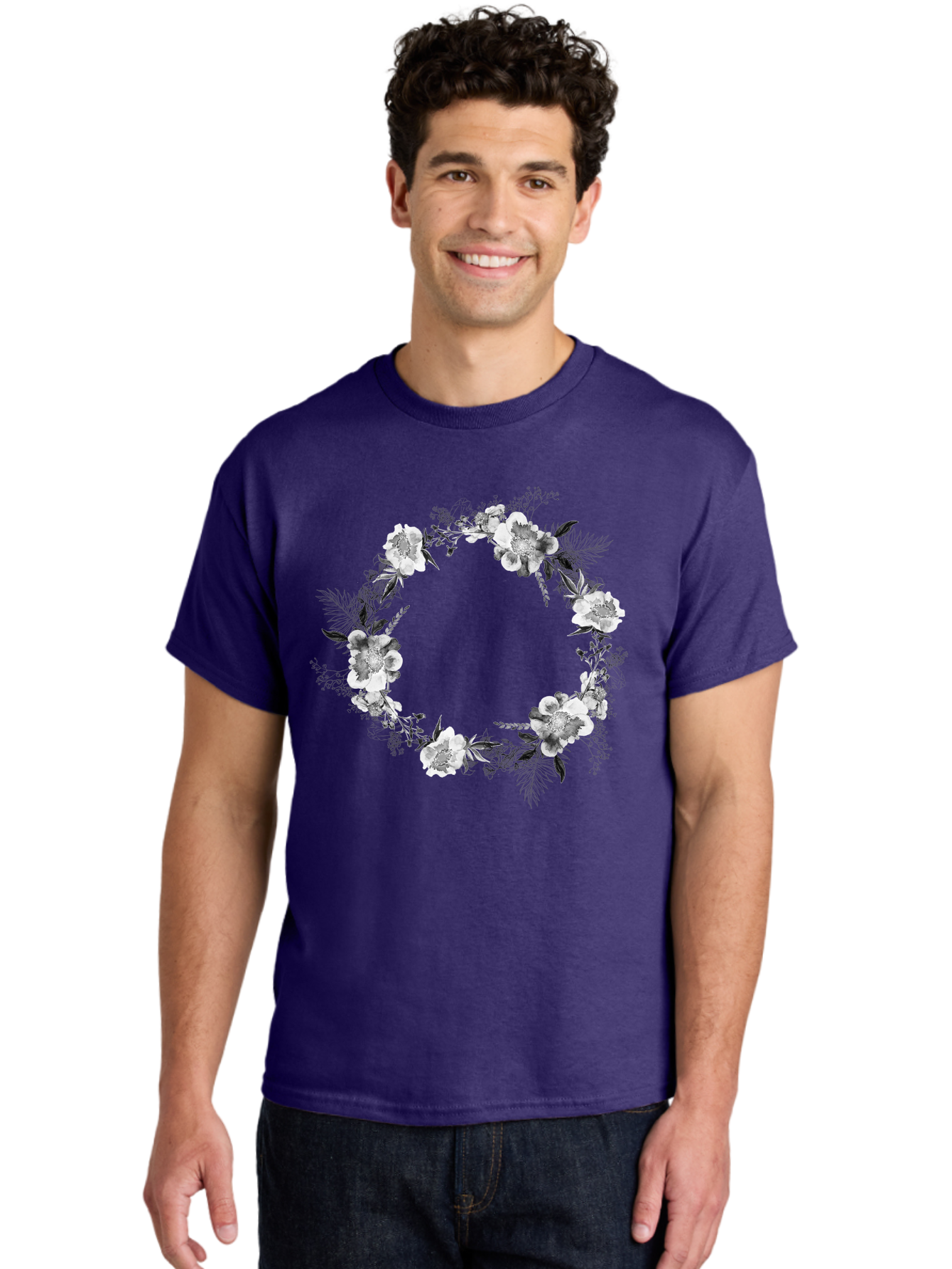 Floral-Wreath Men'S Graphic Tee, 100% Cotton, Comfortable Casual Summer Wear, Machine Washable, Floral Wreath, White Flowers, Black And White Flowers, Foliage, Leaves, Floral Arrangement, Circular Frame, Elegant Design, Delicate Petals, Aac311 12