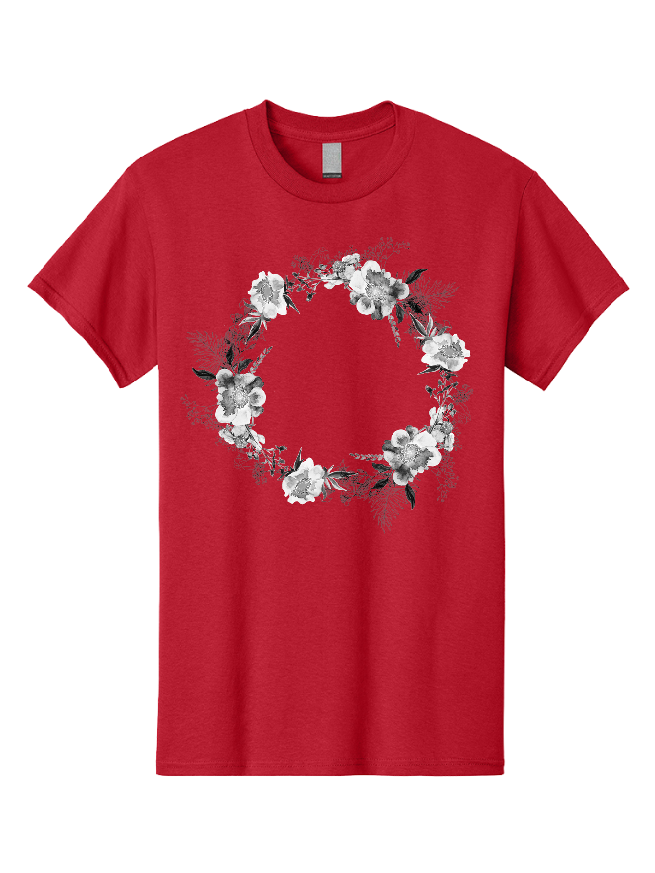 Floral-Wreath Men'S Graphic Tee, 100% Cotton, Comfortable Casual Summer Wear, Machine Washable, Floral Wreath, White Flowers, Black And White Flowers, Foliage, Leaves, Floral Arrangement, Circular Frame, Elegant Design, Delicate Petals, Aac311 13