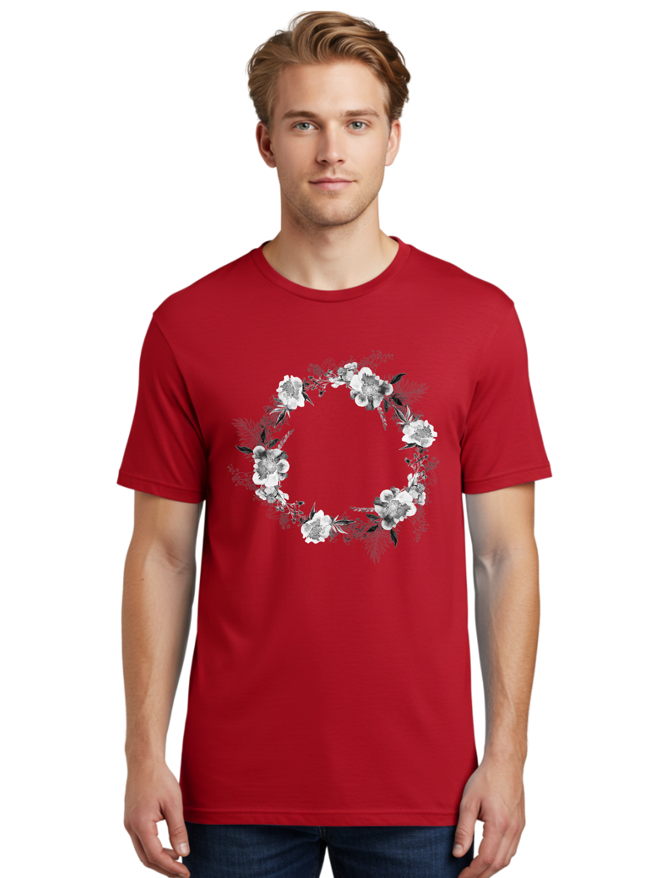 Floral-Wreath Men'S Graphic Tee, 100% Cotton, Comfortable Casual Summer Wear, Machine Washable, Floral Wreath, White Flowers, Black And White Flowers, Foliage, Leaves, Floral Arrangement, Circular Frame, Elegant Design, Delicate Petals, Aac311 14