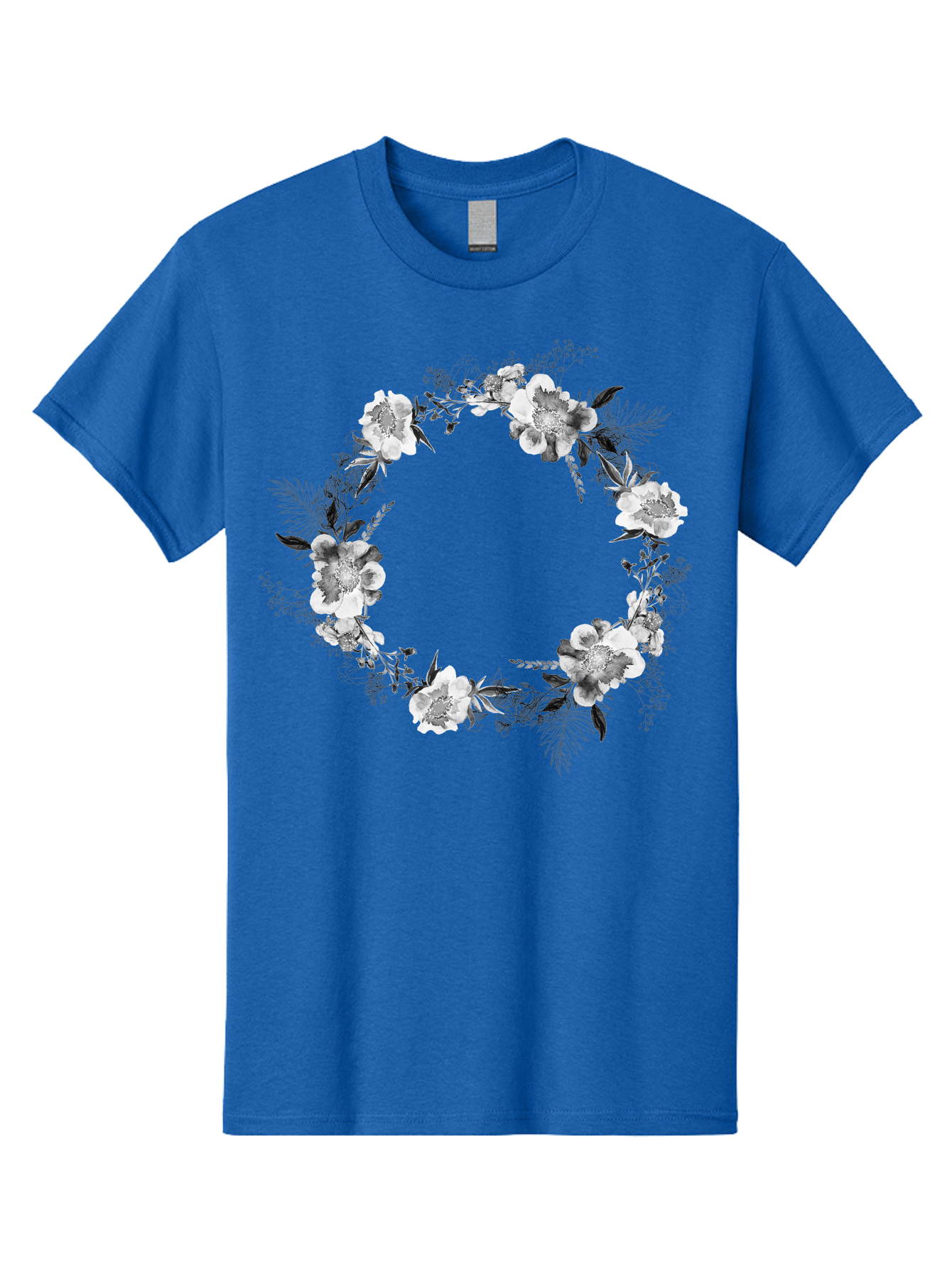 Floral-Wreath Men'S Graphic Tee, 100% Cotton, Comfortable Casual Summer Wear, Machine Washable, Floral Wreath, White Flowers, Black And White Flowers, Foliage, Leaves, Floral Arrangement, Circular Frame, Elegant Design, Delicate Petals, Aac311 29