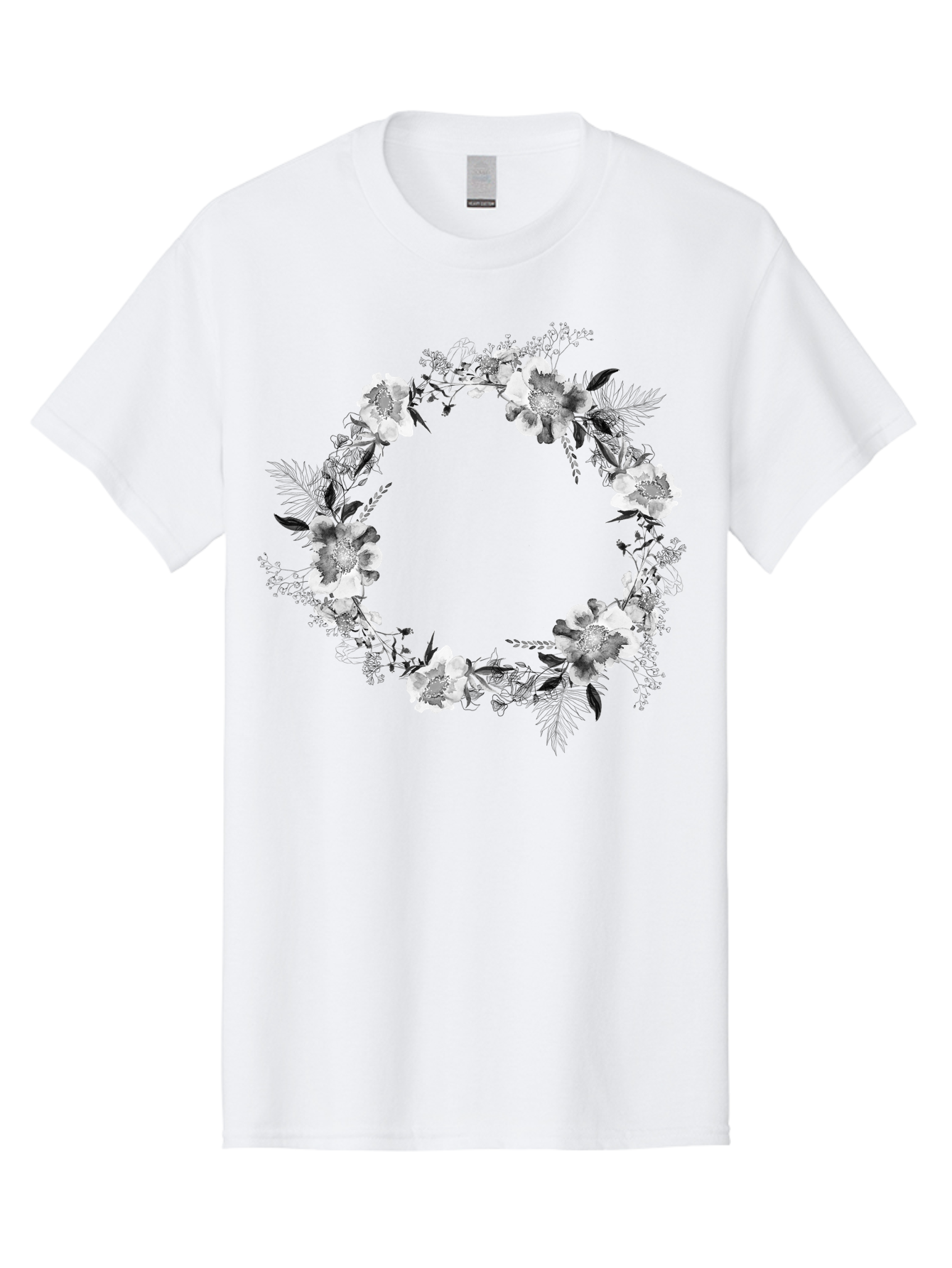 Floral-Wreath Men'S Graphic Tee, 100% Cotton, Comfortable Casual Summer Wear, Machine Washable, Floral Wreath, White Flowers, Black And White Flowers, Foliage, Leaves, Floral Arrangement, Circular Frame, Elegant Design, Delicate Petals, Aac311 5