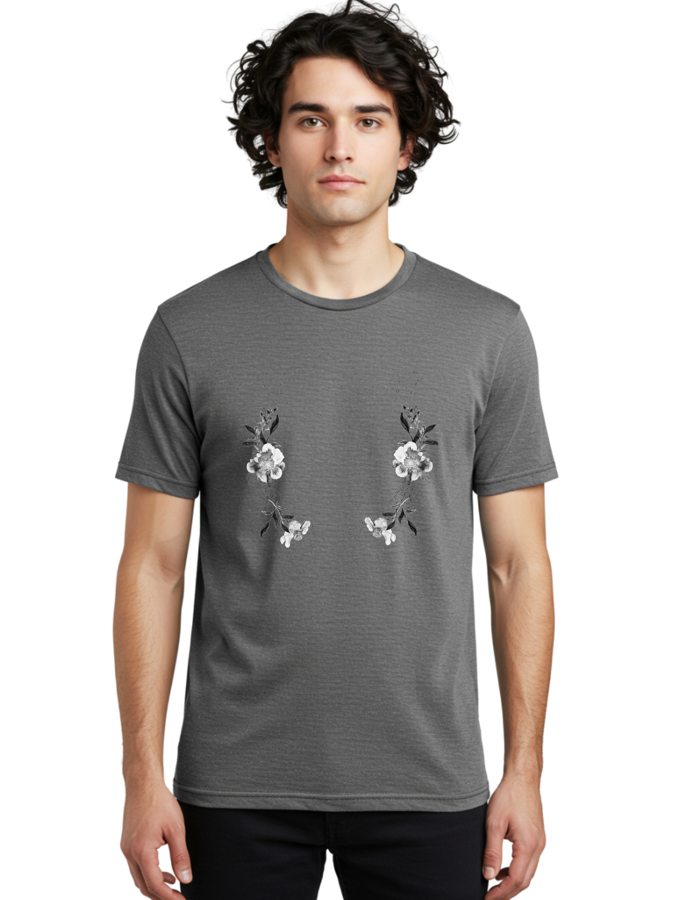 Floral Men'S Graphic Tee, 100% Cotton, Comfortable Casual Summer Wear, Machine Washable, Floral Arch, White Flowers, Black Leaves, Elegant Design, Floral Arrangement, Minimalist Style, Delicate Patterns, Soft Colors, Whimsical Touch, Aac312 4