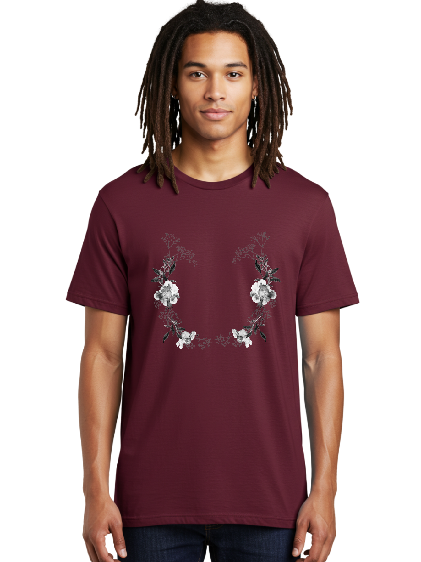 Floral Men'S Graphic Tee, 100% Cotton, Comfortable Casual Summer Wear, Machine Washable, Floral Arch, White Flowers, Black Leaves, Elegant Design, Floral Arrangement, Minimalist Style, Delicate Patterns, Soft Colors, Whimsical Touch, Aac312 18