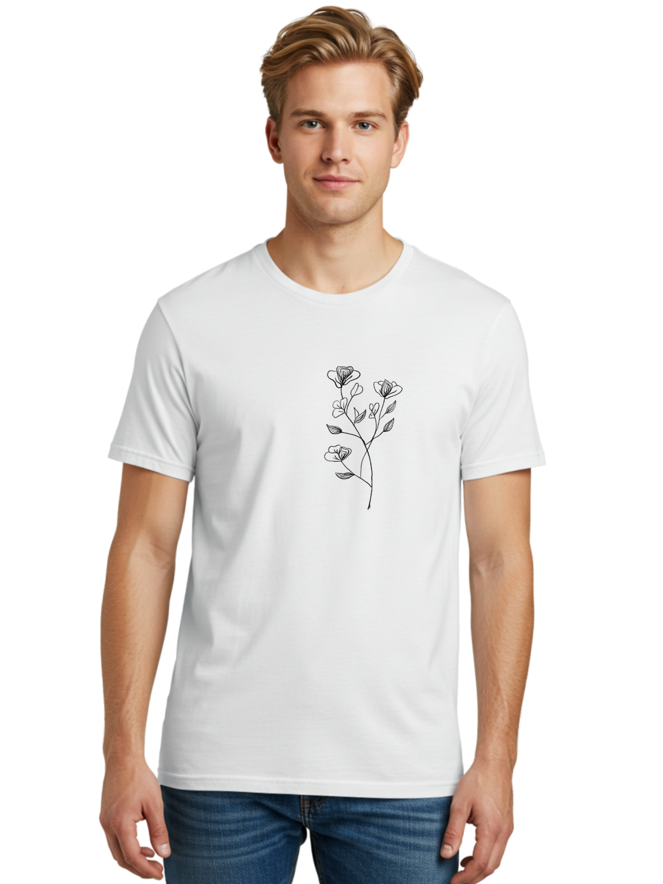 Flowers Men'S Graphic Tee, 100% Cotton, Comfortable Casual Summer Wear, Machine Washable, Simple Flowers, Line Art, Minimalist Design, Botanical Illustration, Delicate Petals, Elegant Stem, Artistic Expression, Floral Art Aac313 18