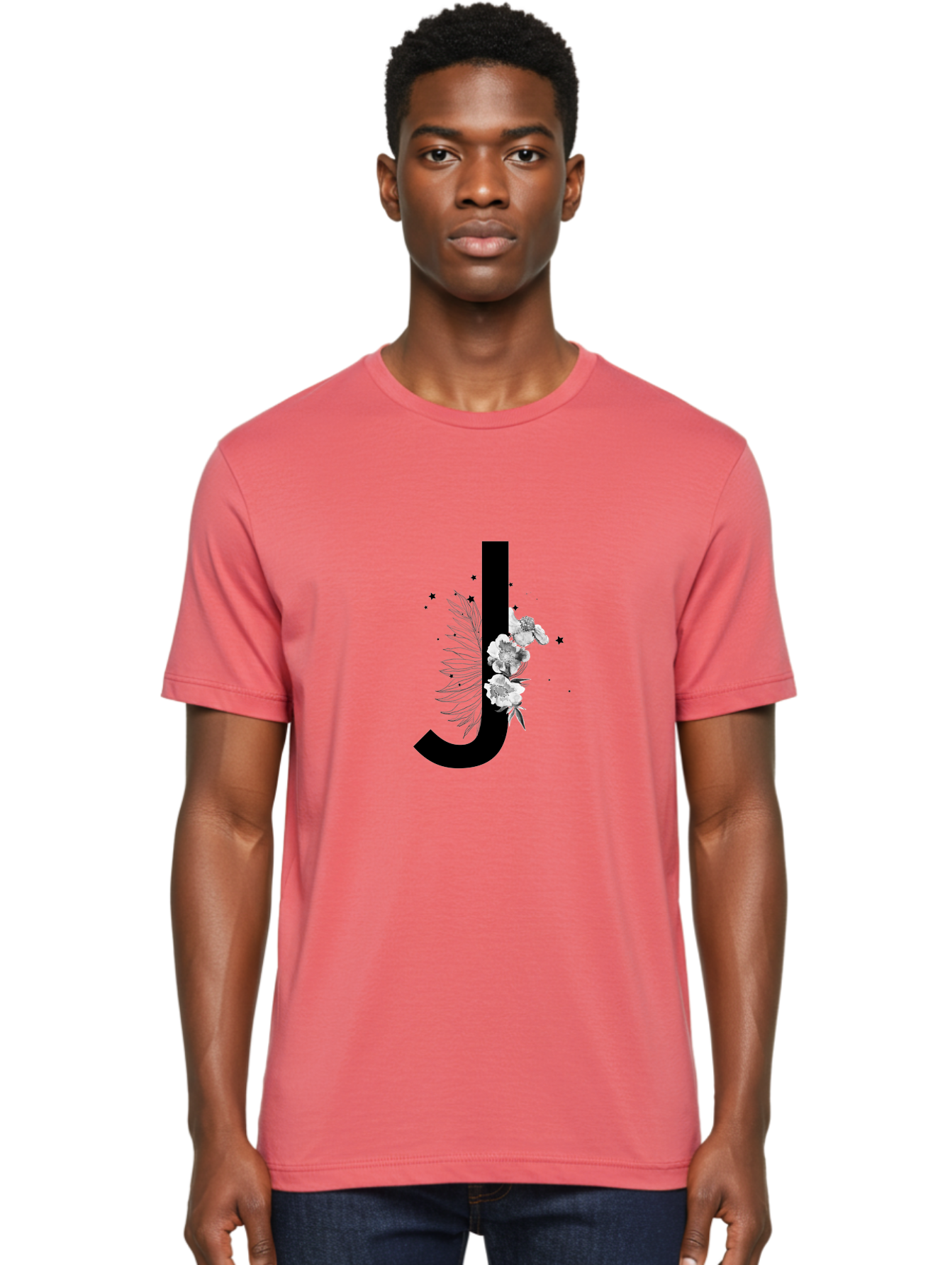 J Men'S Graphic Tee, 100% Cotton, Comfortable Casual Summer Wear, Machine Washable, Black Letter J, Floral Design, White Flowers, Artistic Typography, Elegant Lettering, Decorative Alphabet, Floral Arrangement, Creative Graphics, Aac328 6